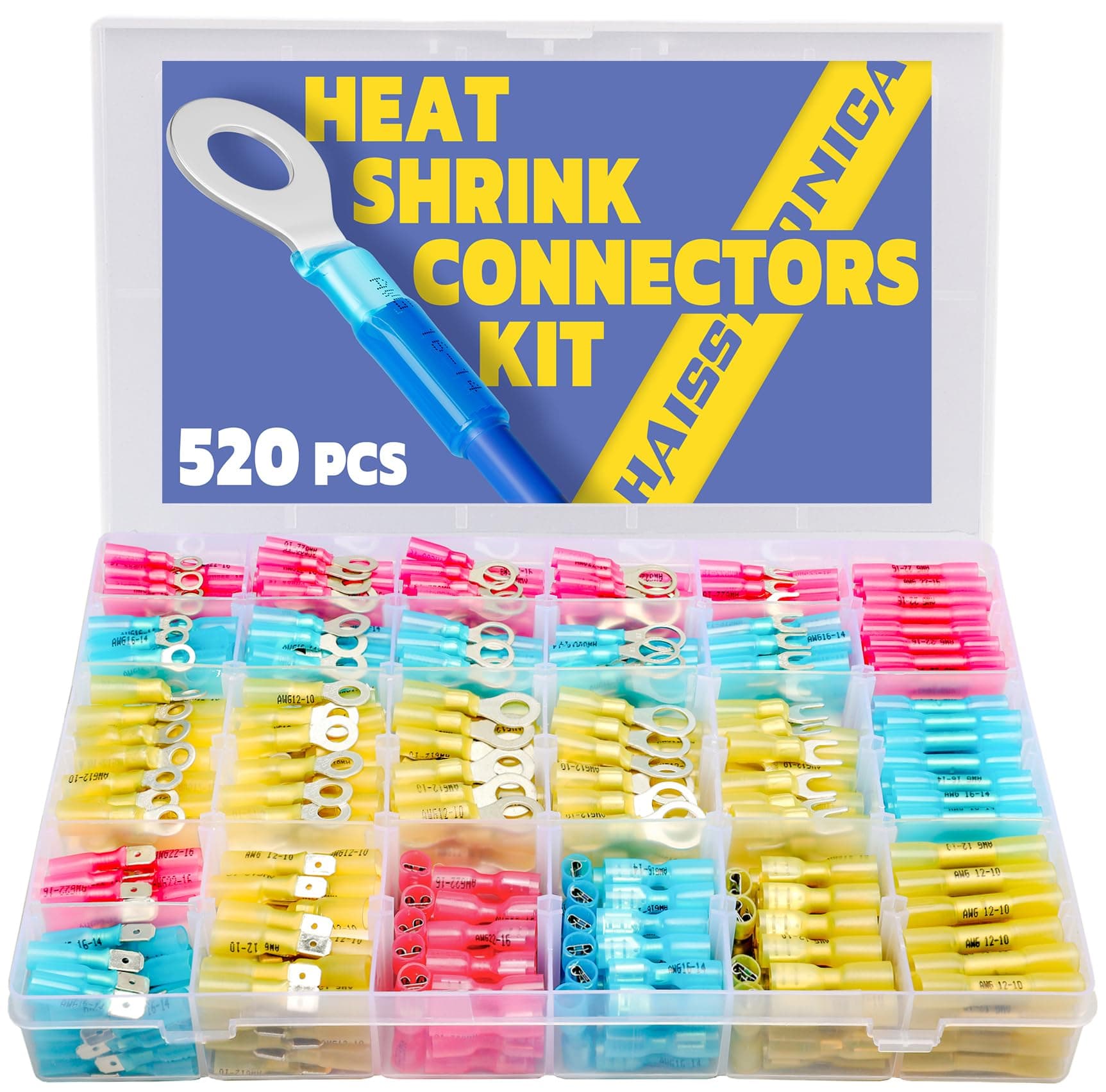 520PCS Marine Grade Heat Shrink Wire Connectors-Electrical Connectors Kit of Tinned Red Copper,16-14 22-16 12-10 Gauge Crimp Insulated Ring Fork Spade Butt Splices(3Colors/24Size)