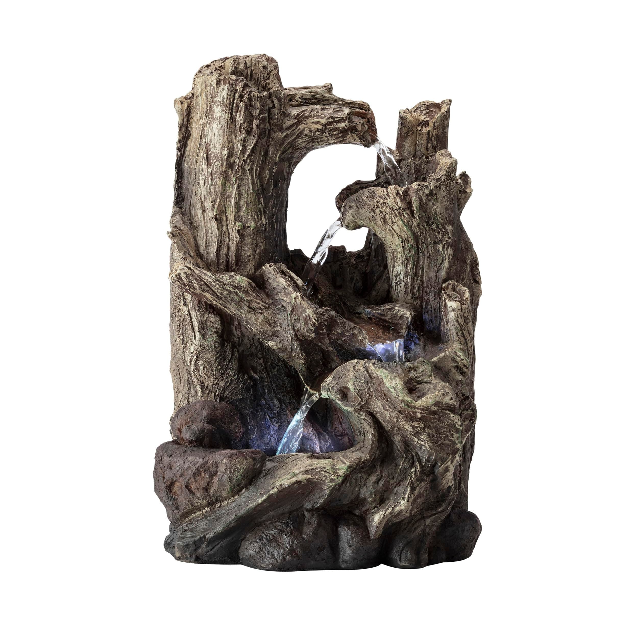 Alpine Corporation WIN786S Indoor 5 Tiered Rainforest Tree Trunk Tabletop Waterfall Fountain with LED Lights, 14" Tall, Brown
