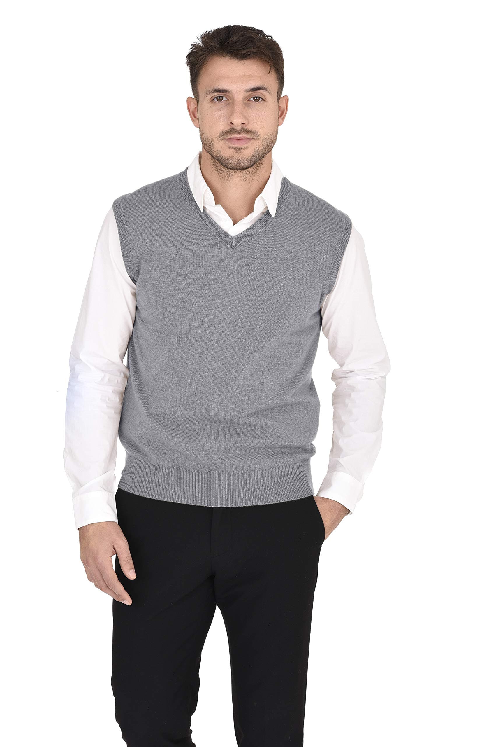 CashmerenMen's Basic V-Neck Sweater Vest 100% Pure Cashmere Sleeveless Gilet Pullover