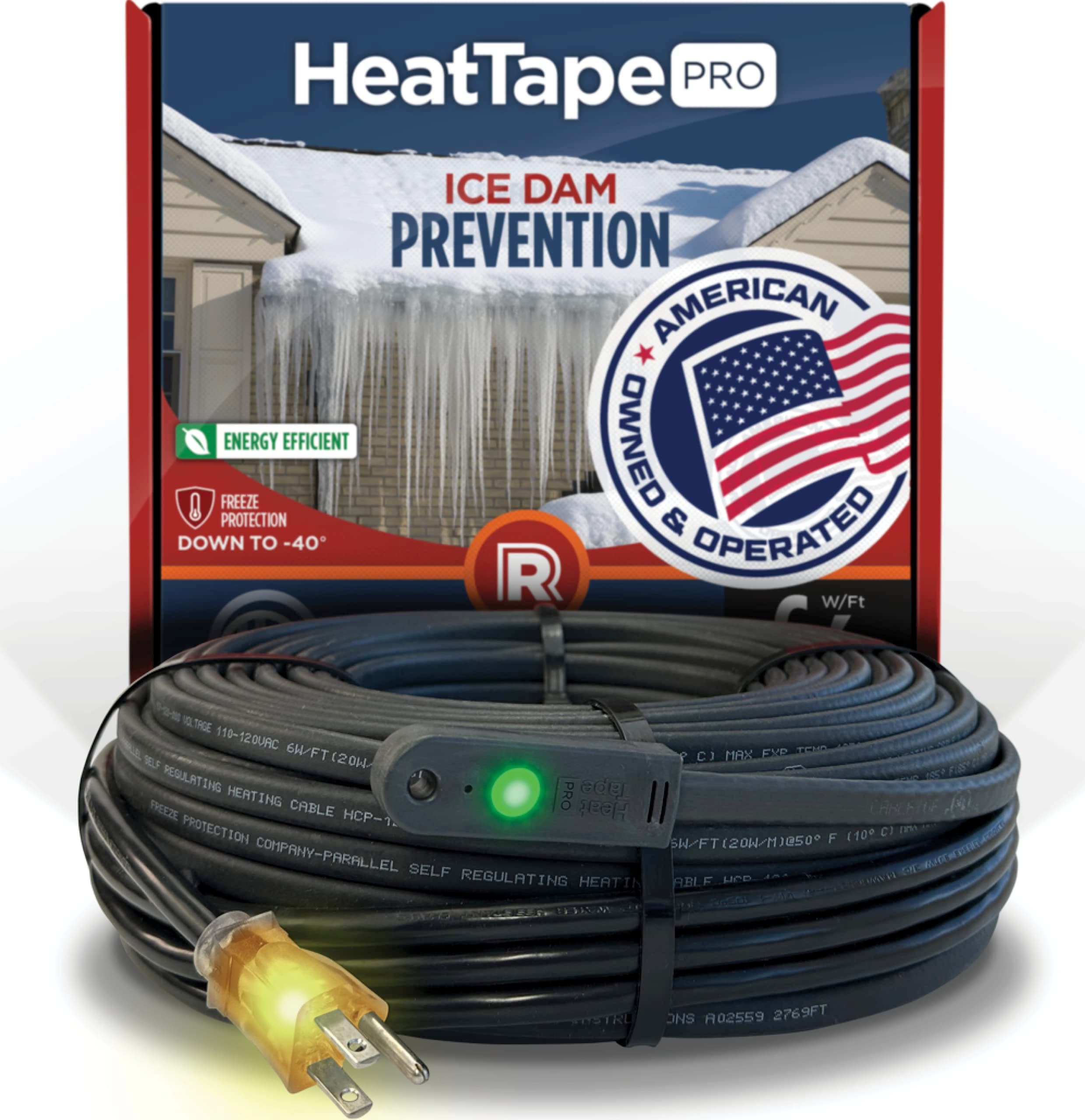 RADIANT SOLUTIONS HeatTapePro - Intelligent Commercial Grade Self-Regulating Heat Cable with GlowCap™ - 10 YR warranty - Ice Dam & Pipe Freeze Protection - 125 ft cable + 10 Ft Cord, 120V, 6 watts/Ft