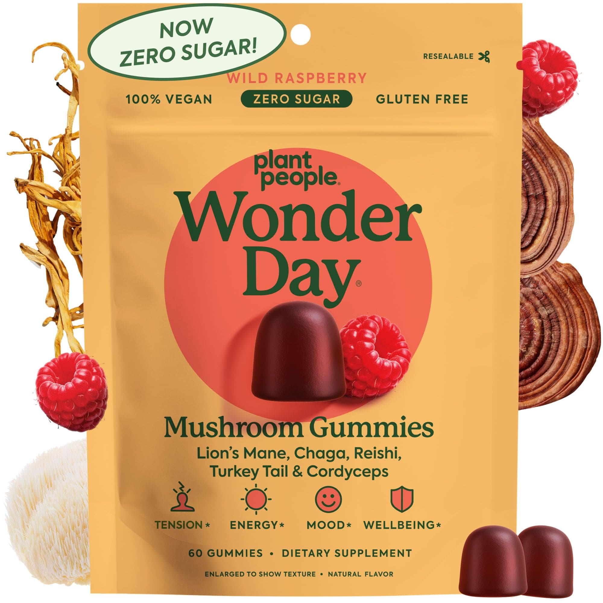 Plant People WonderDay Mushroom Gummies - Lion’s Mane, Cordyceps, Chaga Mushroom Supplement to Support Immune System De-Stress Boost Mood & Energy in Adults Natural, Vegan, Non-GMO (60 Count)
