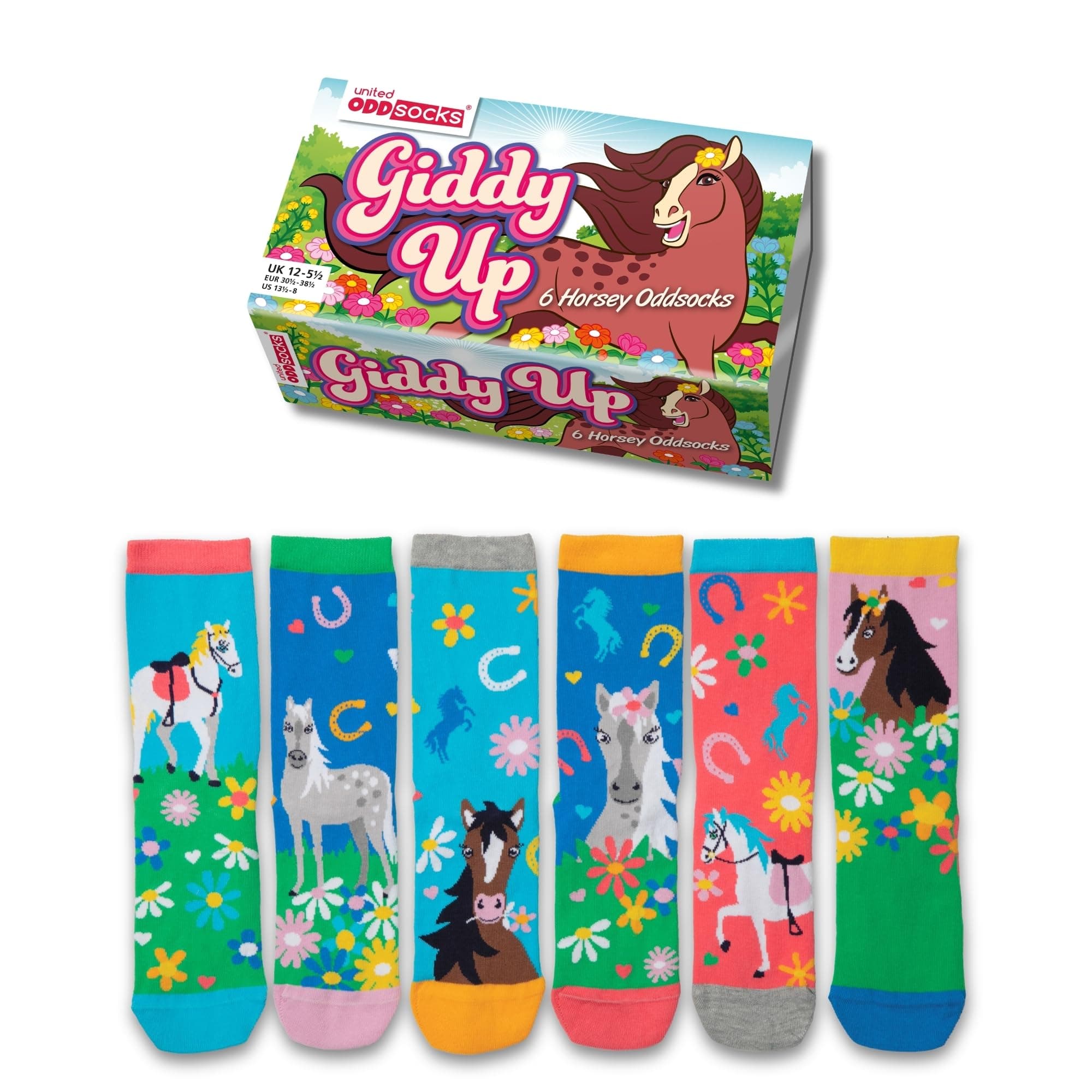– United Oddsocks Giddy Up Gift Box – 6 Horsey Calf-Length Odd Socks for Girls, UK 12–5.5, EUR 30.5–38.5, US 13.5–8 – Mix & Match Fashion Socks with Playful Horses – Fun Horse Lover Gift