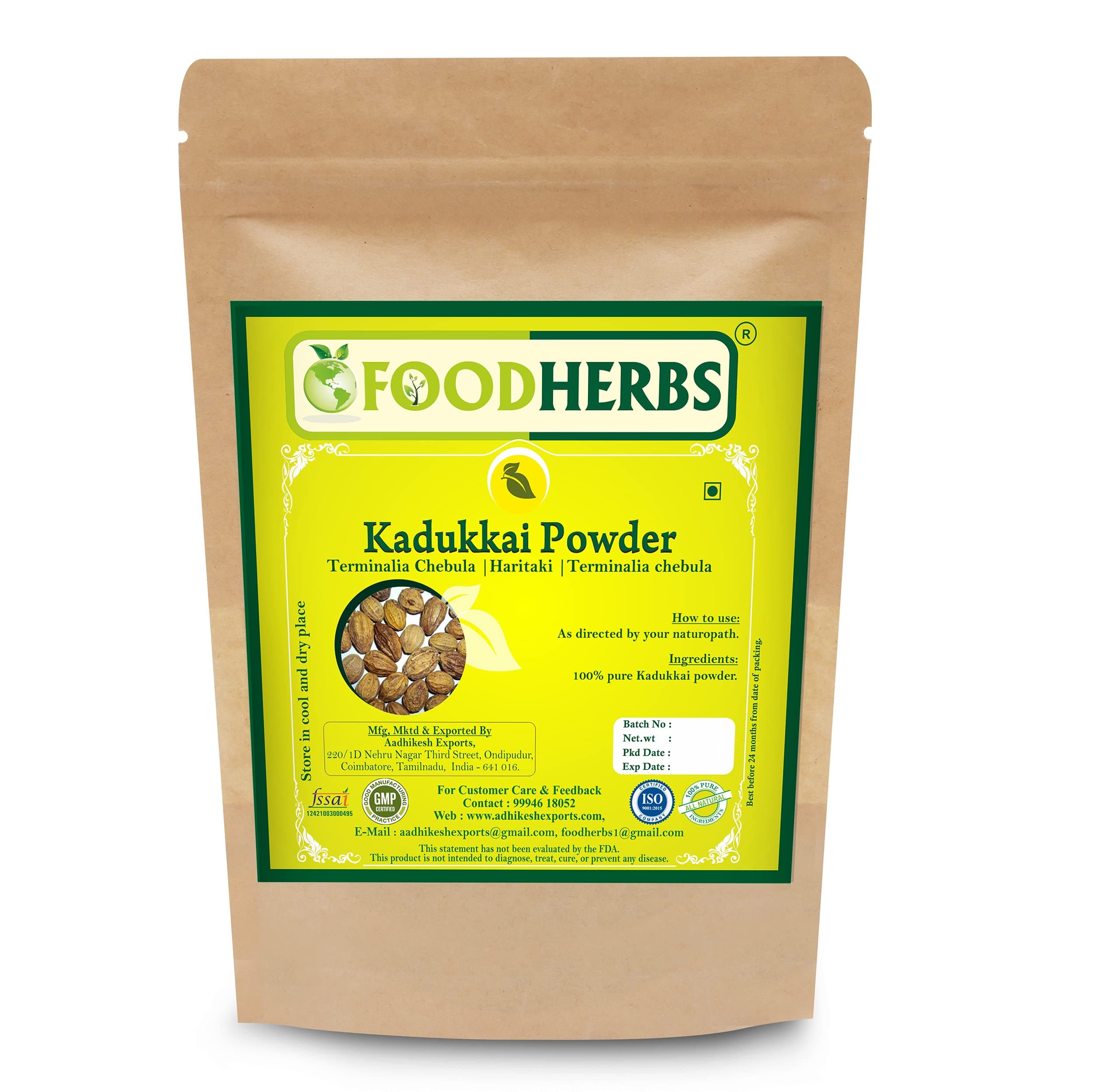 Foodherbs Haritaki Powder 200 GMS/Kadukkai/Terminalia Chebula/Seed Less