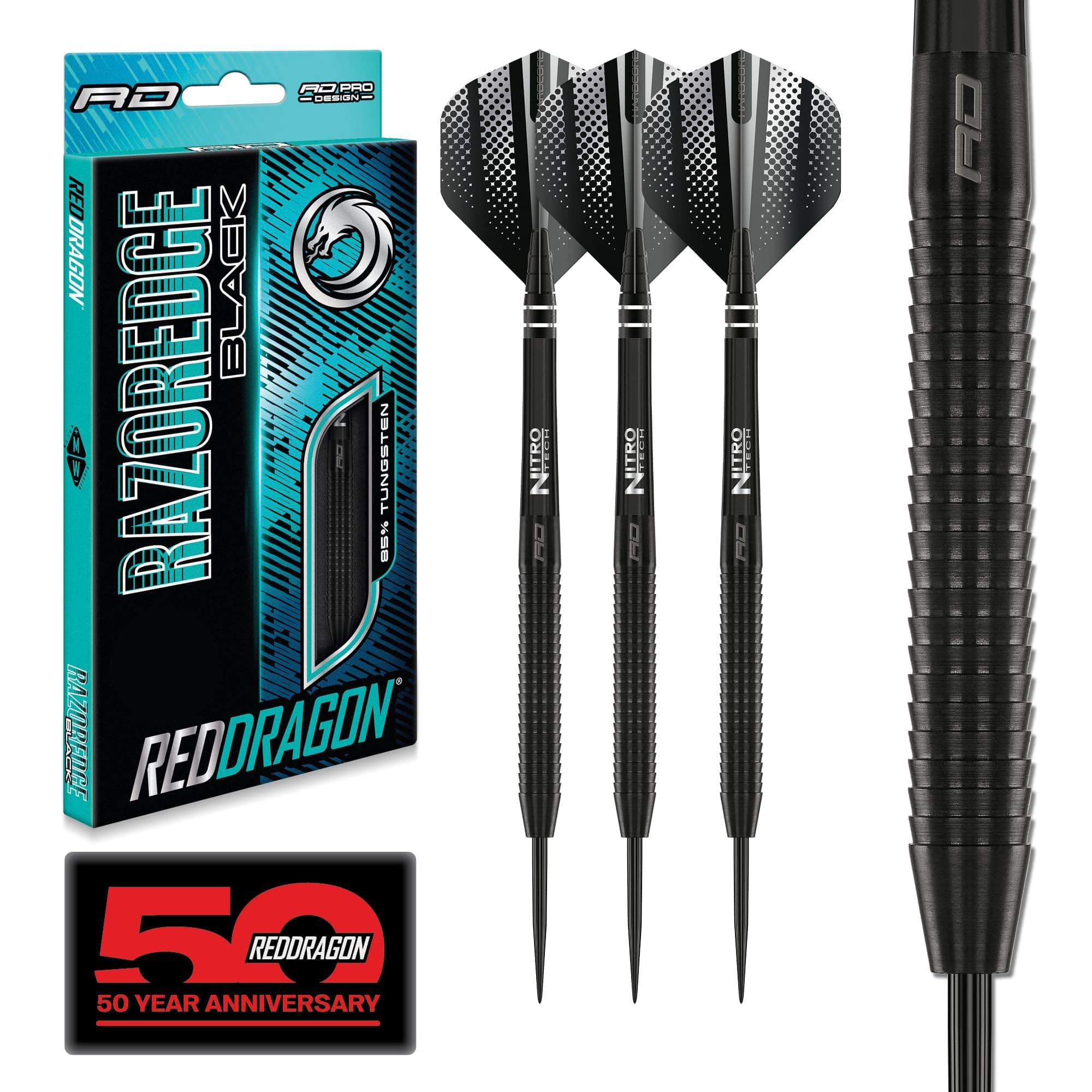 RED DRAGON Razor Edge Black Darts Set – 85% Tungsten Professional Steel Tip Darts | 20g, 22g, 23g, 24g, 26g, 28g | Pro Dart Set with Flights & Shafts