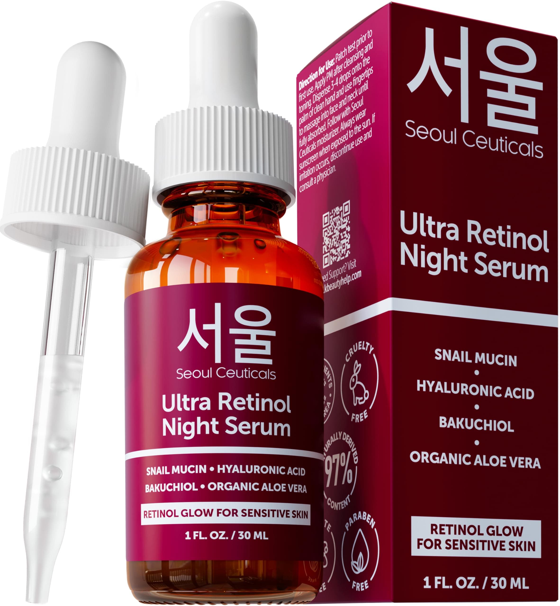 1% Korean Retinol Night Serum for Face - 97.5% Snail Mucin + Hyaluronic Acid + Bakuchiol, Cruelty Free K Beauty for Sensitive Skin 1oz