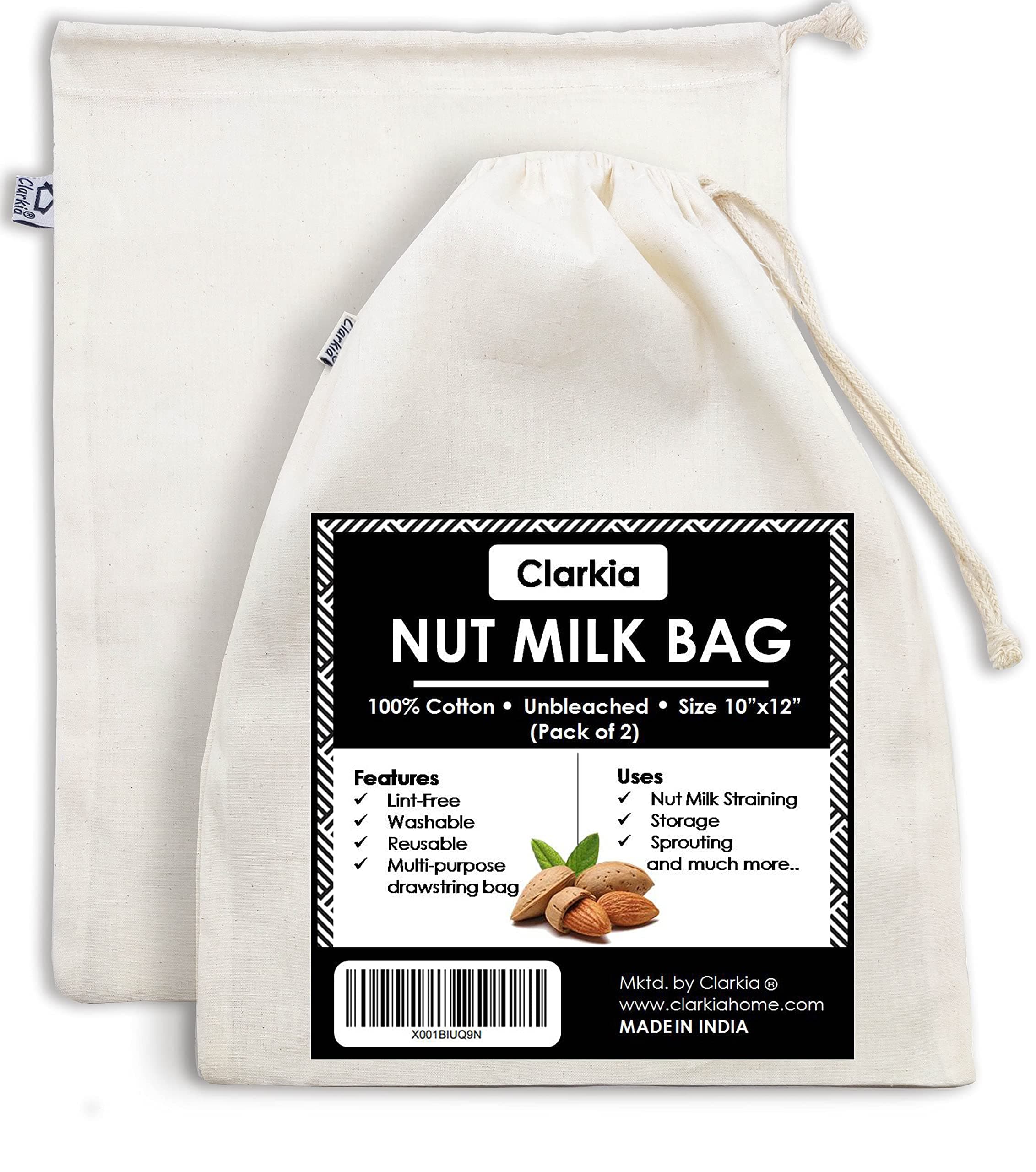 Cotton Drawstring Nut Milk Bag Unbleached (10x12 inch) - 2 Piece, White