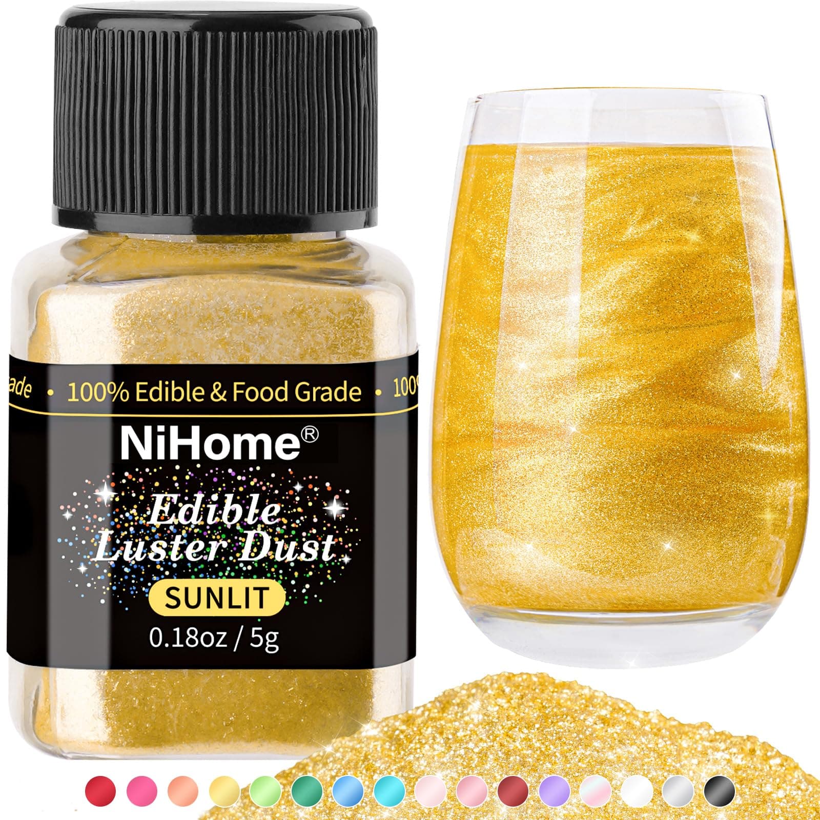 NiHome Edible Luster Dust Glitter Powder Metallic Fancy Food Decorating Sprinkle Glimmery Brew Dust for Drink Wine Beverage Cake Dessert Home Bakery Restaurant Vegan Allergen-Free (Sunlit, 5g/0.18oz)