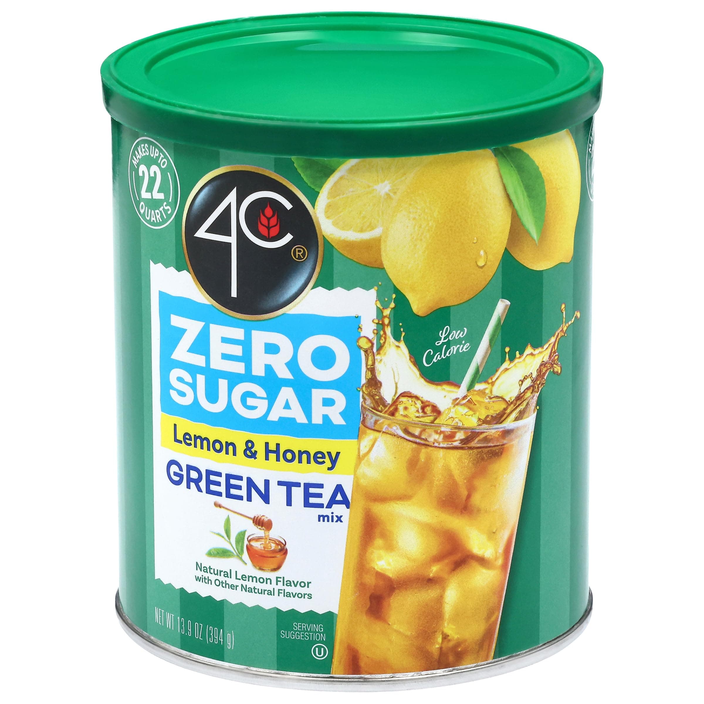 4C Zero Sugar Powdered Drink Mix Cannisters, Green Tea 1 Pack, 22 Quarts, Family Sized Cannister, Low Calorie, Thirst Quenching Flavors