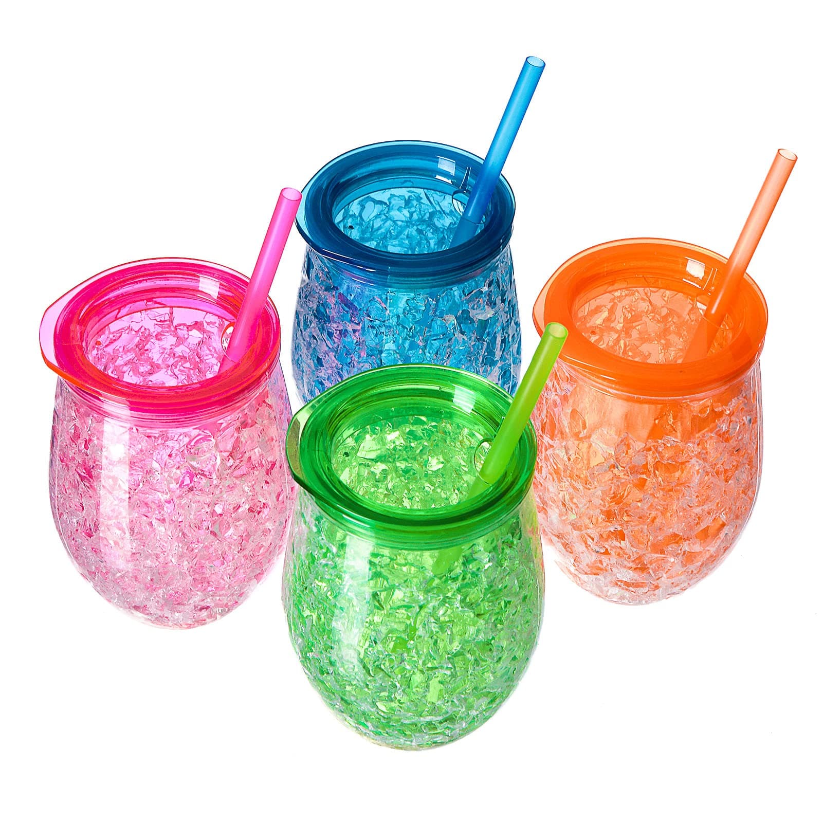 Cute Shape Frosty Freezer Ice Mugs with Straw Clear 11.8oz Set of 4(Red, green, blue and orange) (Oval)