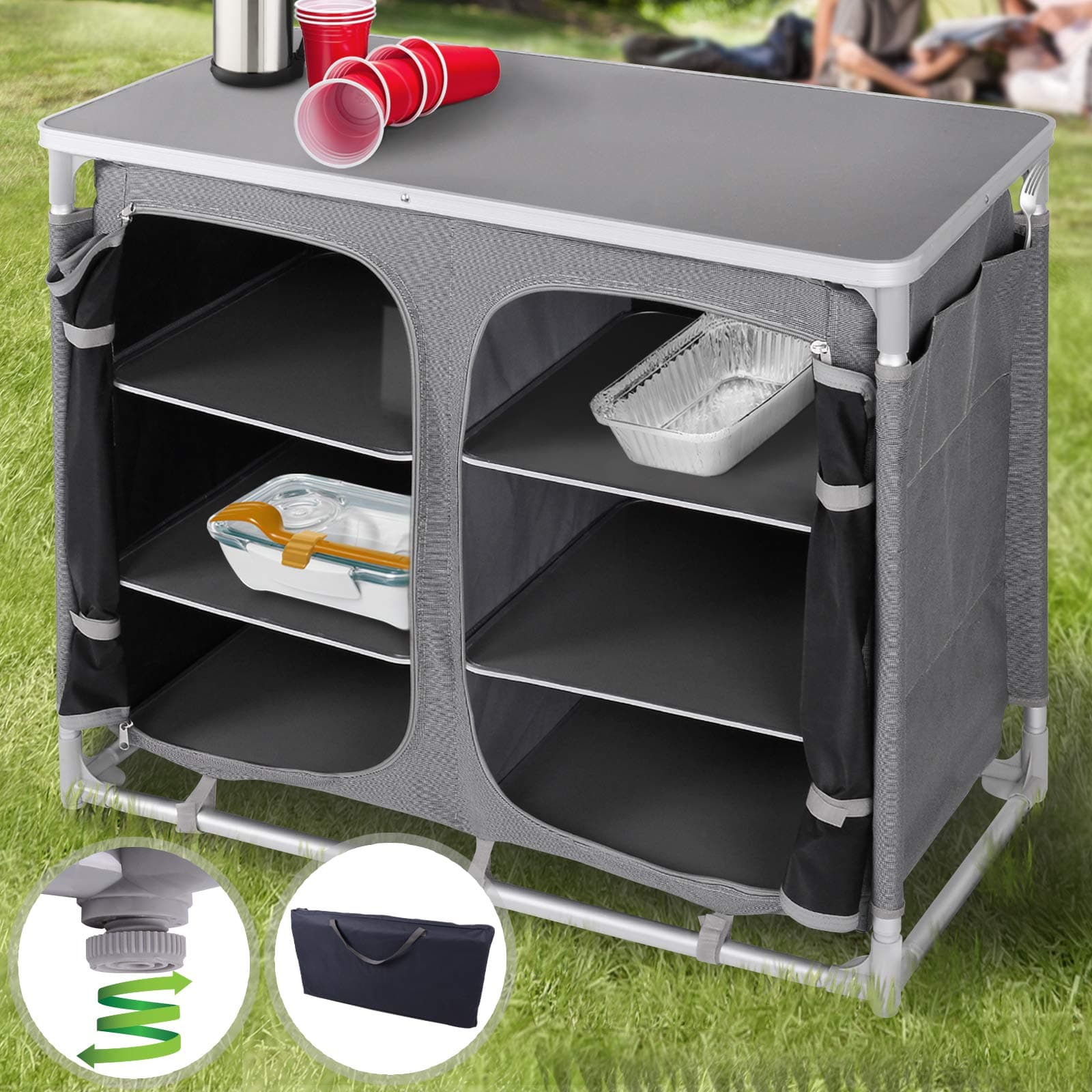 MIADOMODO Outdoor Kitchen - 6 storage compartments, Storage bag included, Grey - Camping Field Kitchen Worktop Table Stand