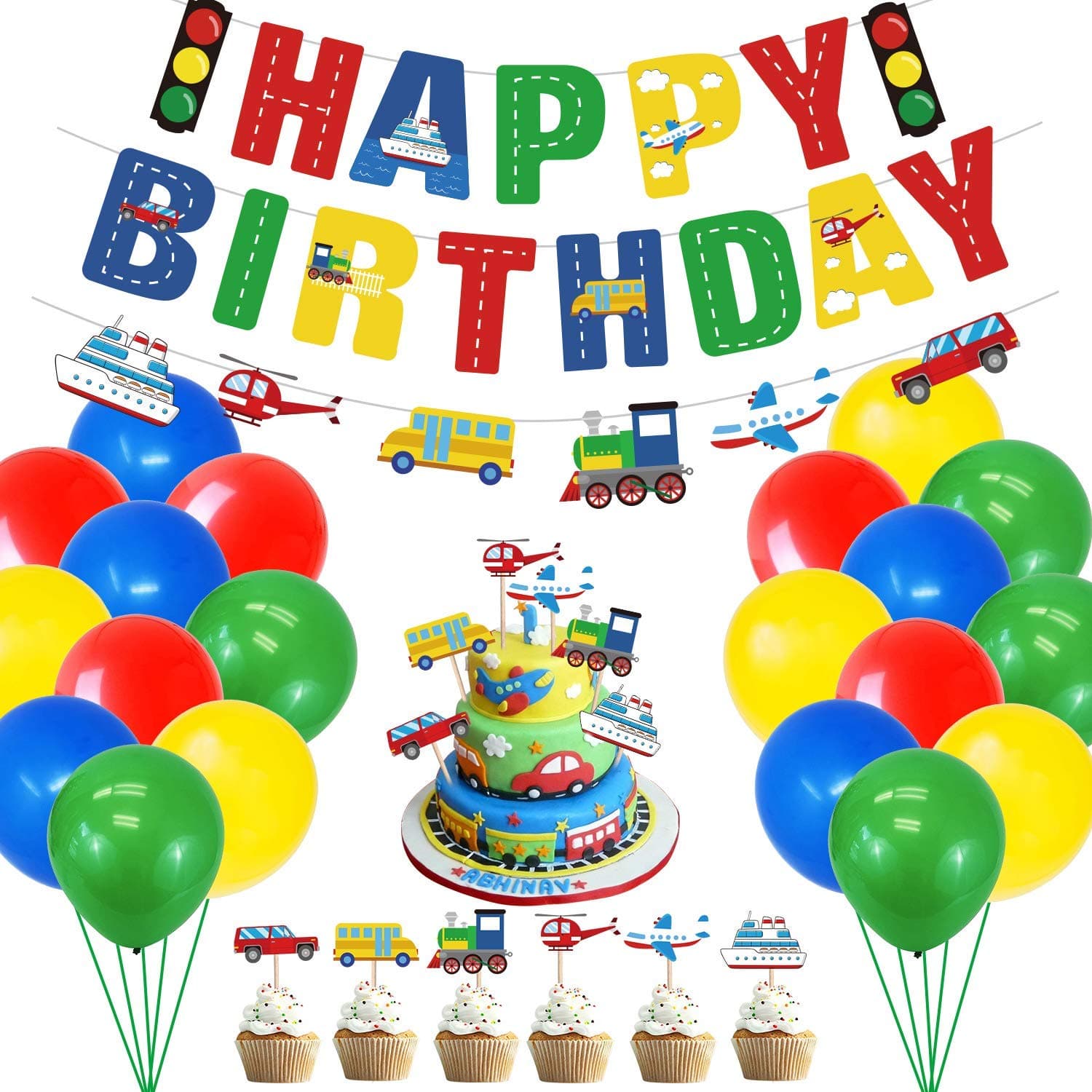 Nelton Transportation Birthday Party Supplies Include Banner - Cake, Cupcake Toppers - Balloons - Car Bus Train Plane Ship Helicopter Traffic Light