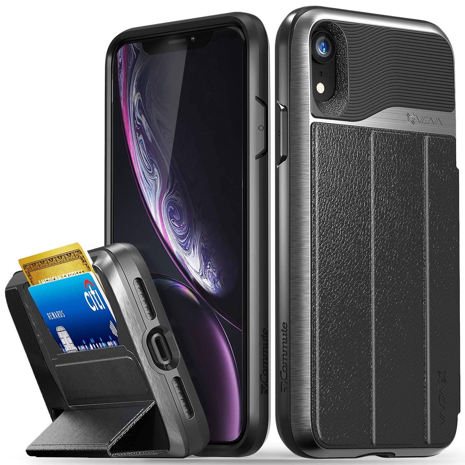 VENA iPhone XR Wallet Case, vCommute (Military Grade Drop Protection) Flip Leather Cover Card Slot Holder with Kickstand, Designed for Apple iPhone XR (6.1-inch) - Space Gray