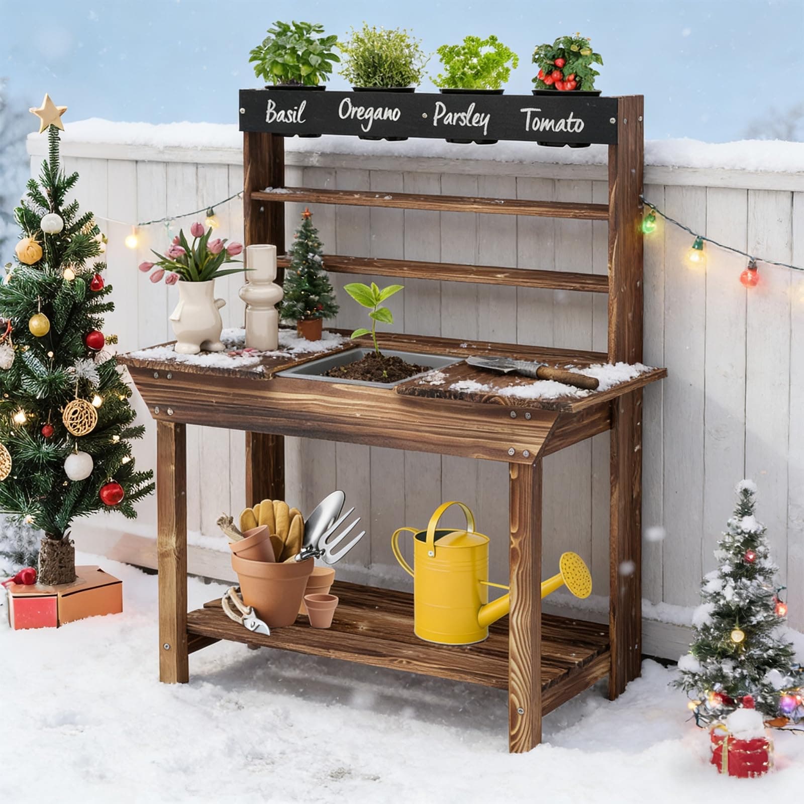 Costzon Kids Potting Bench, Wood Toy Gardening Center with 4 Pots, Chalkboard, Removable Sink, Storage Shelves, Mud Kitchen for Kids Outdoor Play Kitchen, Gift for Boys Girls 3+