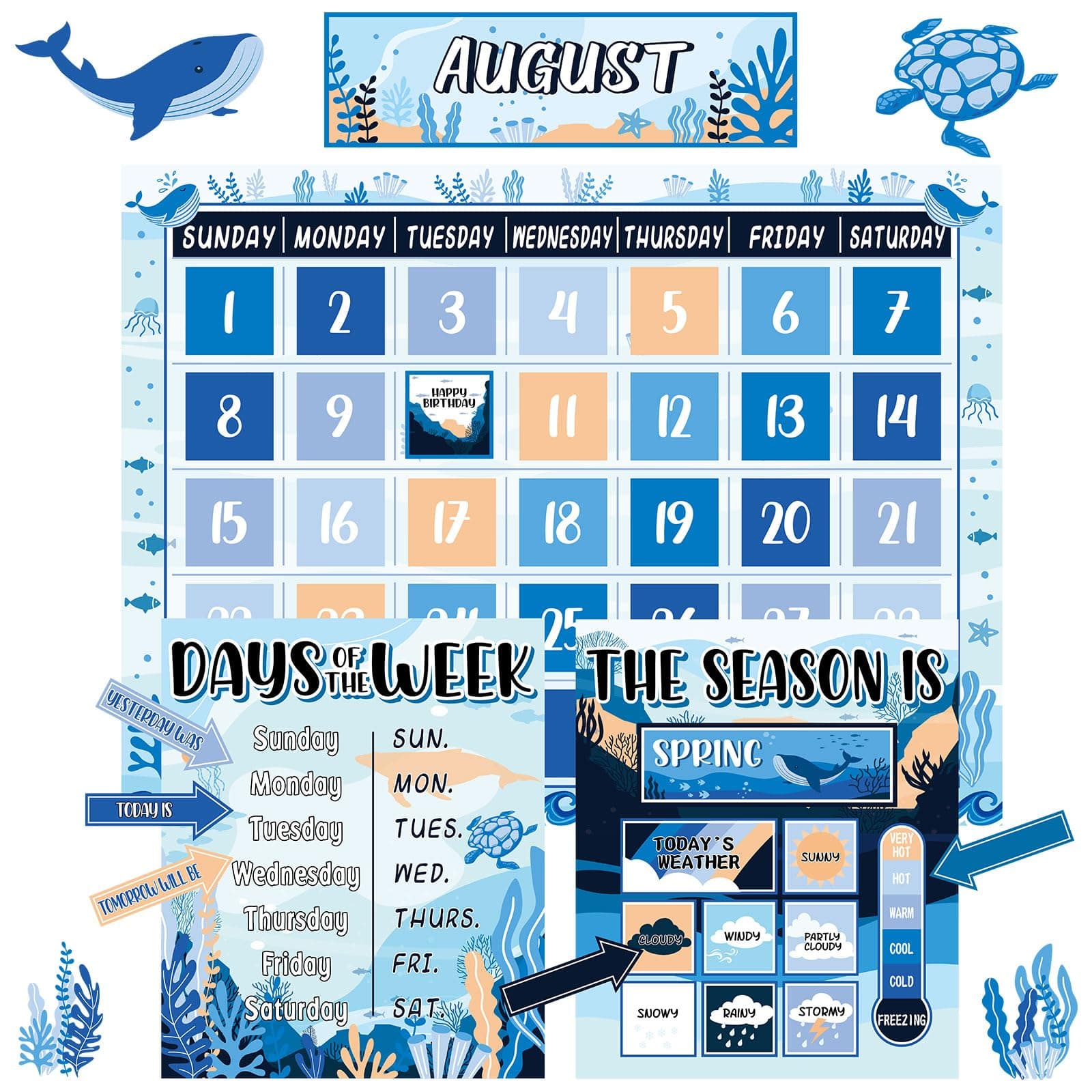 Ocean Sea Calendar Bulletin Board Set for Classroom Decoration Sea Animals Calendar Seasons Weather Chart Ocean Theme Fish CTP Bulletin Board Paper-Cuts for Teachers Elementary School