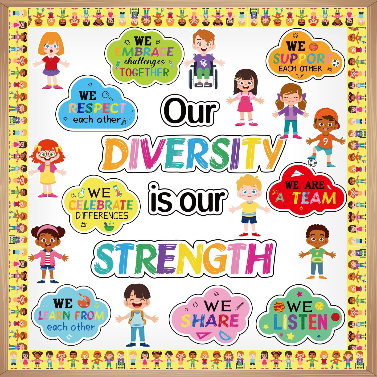 Diversity Bulletin Board Decoration Set Diverse Students Borders Cutouts for Party School Classroom Door Welcome Bulletin Board Craft Home Wall(Our Diversity is Our Strength)