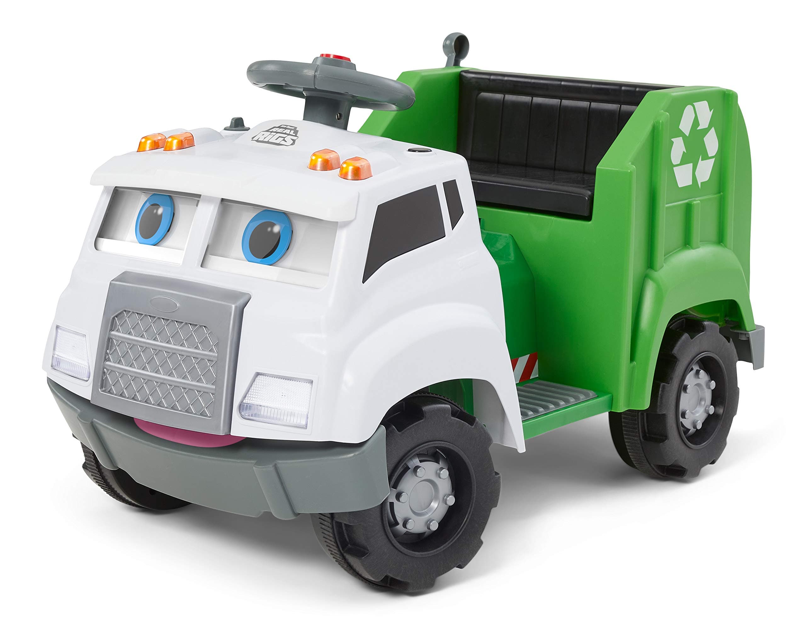Real Rigs Toddler Recycling Truck Interactive Ride On Toy, Kids Ages 1.5-4 Years, 6 Volt Battery and Charger, Sound Effects, 9 Recycling Accessories Included,Green