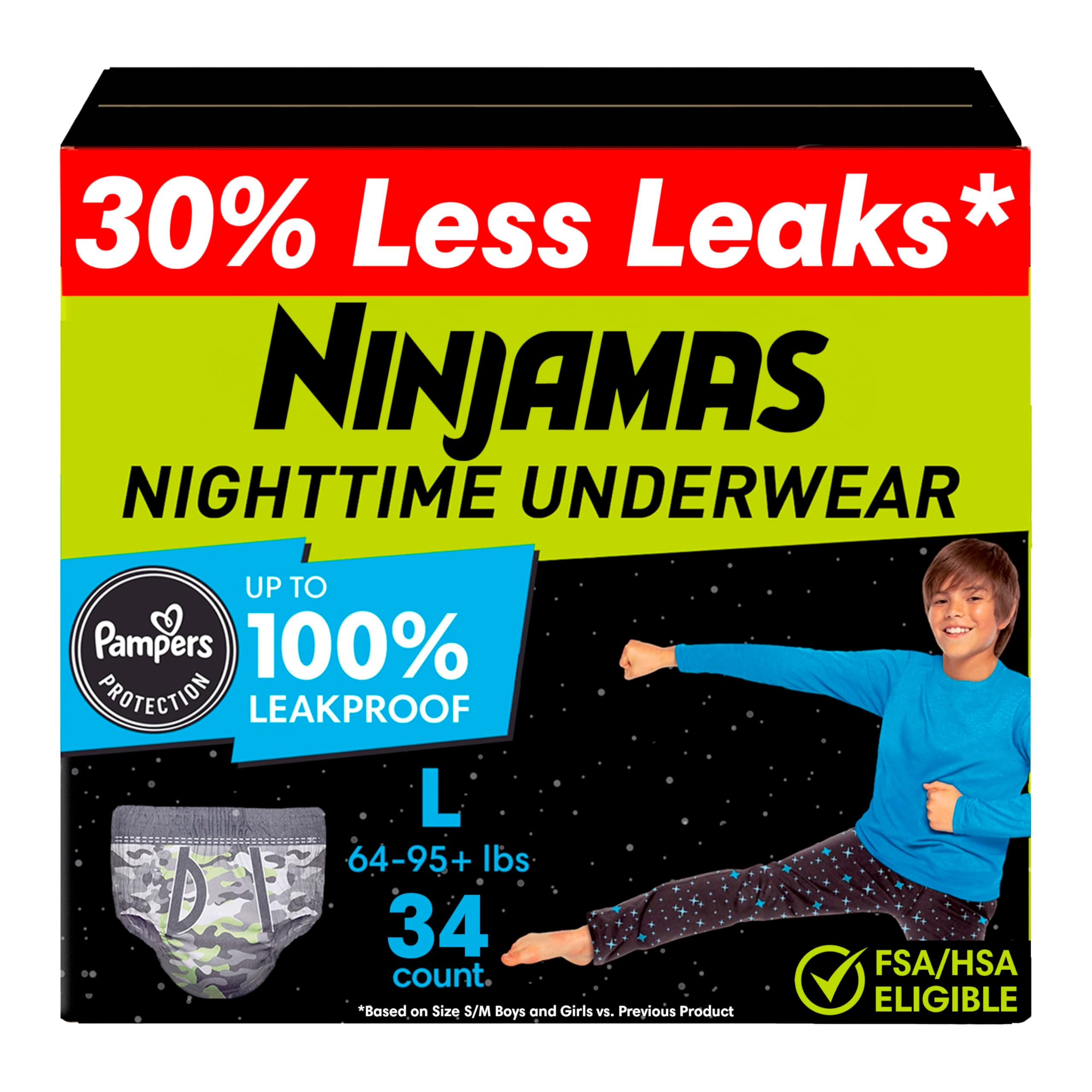 Ninjamas Boys Bedwetting Nighttime Underwear, Size L (64-95+ lbs), 34 Count, Overnight Protection, Ultra Absorbent, Hypoallergenic