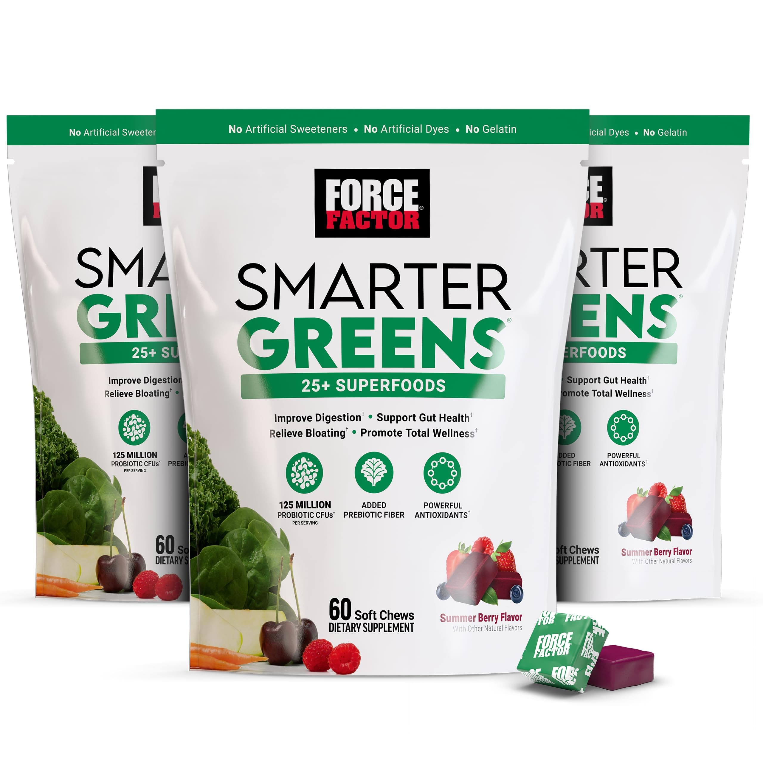 Smarter Greens Superfood Chews, 3-Pack, Greens and Superfoods with Probiotics, Antioxidants, and Fiber, Greens Supplement to Support Digestion, Nitric Oxide, and Energy, 180 Chews