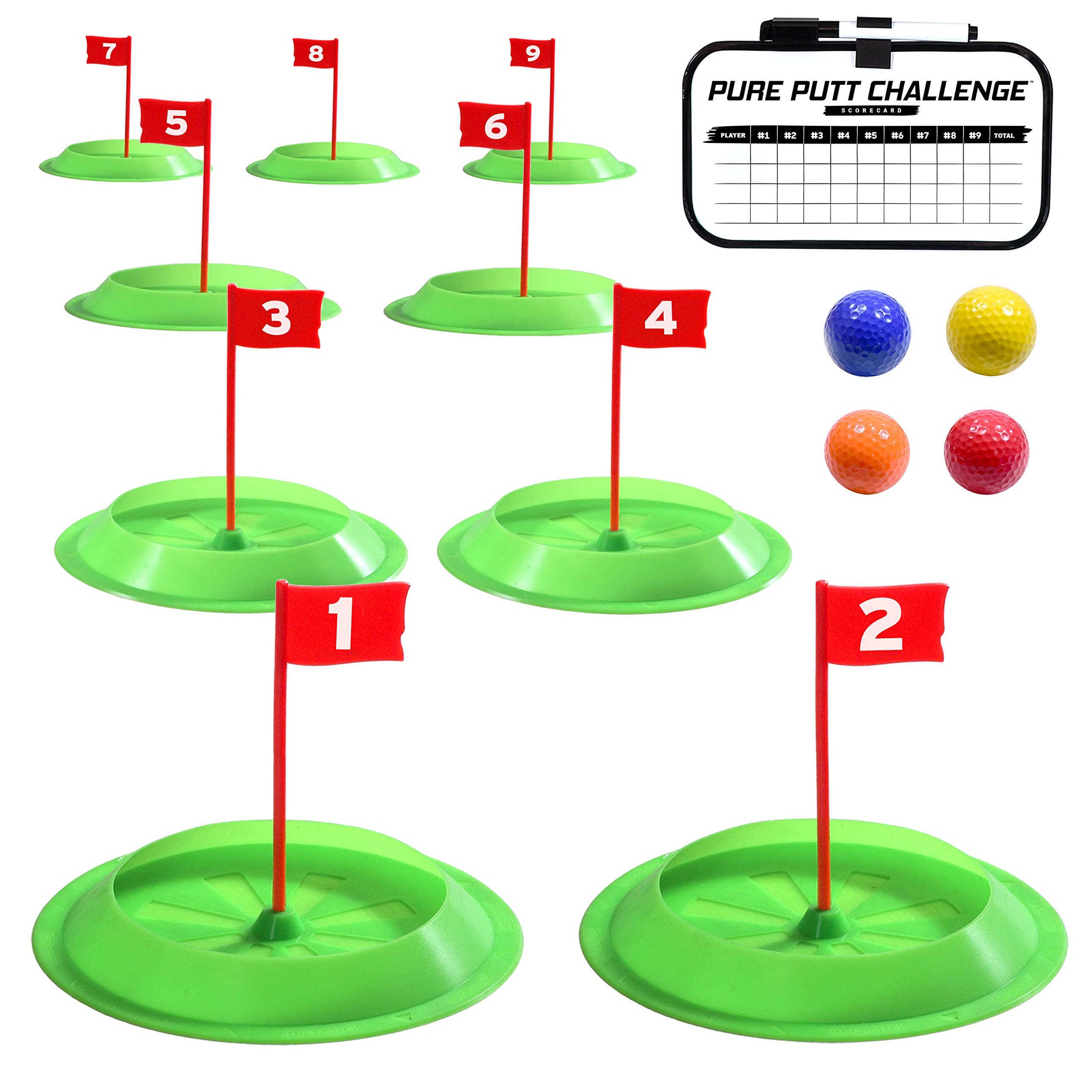 GoSports Pure Putt Challenge Mini Golf Game - Build Your Own Course at Home, Office or Green - 9 Holes, 4 Balls, Whiteboard Scorecard, Tote Bag & Rules Included