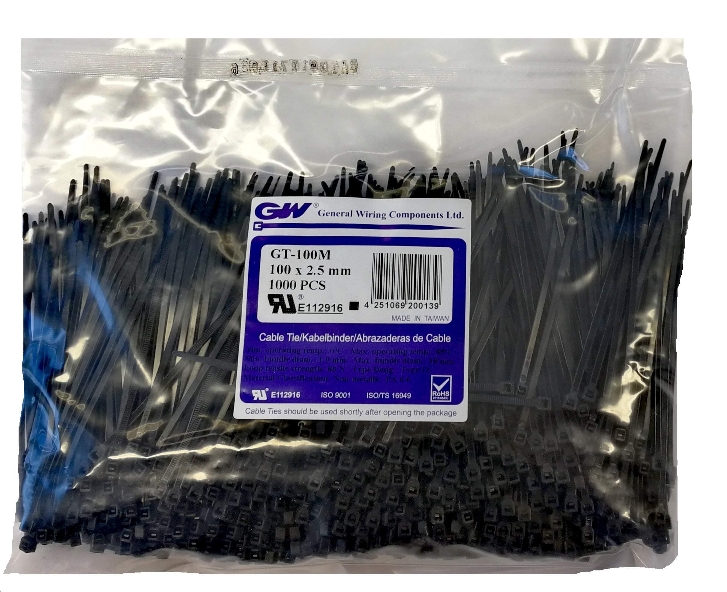 GW Wiring Products, Cable Tie 100 x 2,5 mm, Black, 1000 pcs, GT-100MB, Set of 1000 Pieces