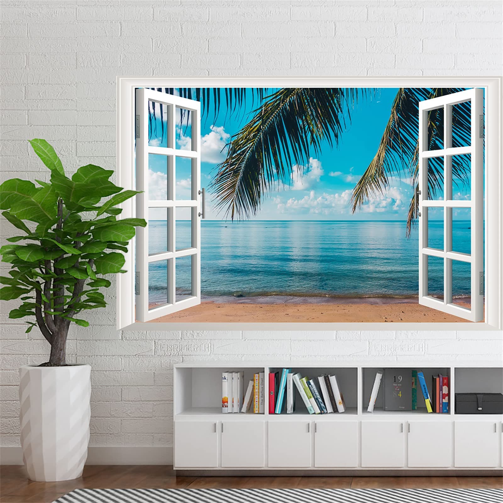 Beach Palm Stree Fake Window Wall Stickers Beach Seascape Wall Decals Faux Window Poster Removable Ocean Wall Mural for Family Living Room, Background Wall Decoration, Office, 35.5"x23.6"