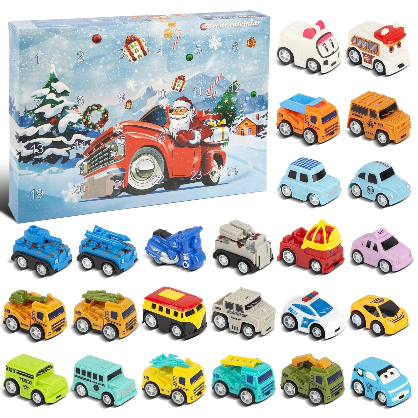 Christmas Advent Calendar 2023 Kids Boys, 24 Days Countdown Calendar Pull Back Car Toys, Set of 24 Vehicles Toddler Advent Calendar 2023, Party Favors Xmas Christmas Gifts for 1 2 3 4 Years Old Girls