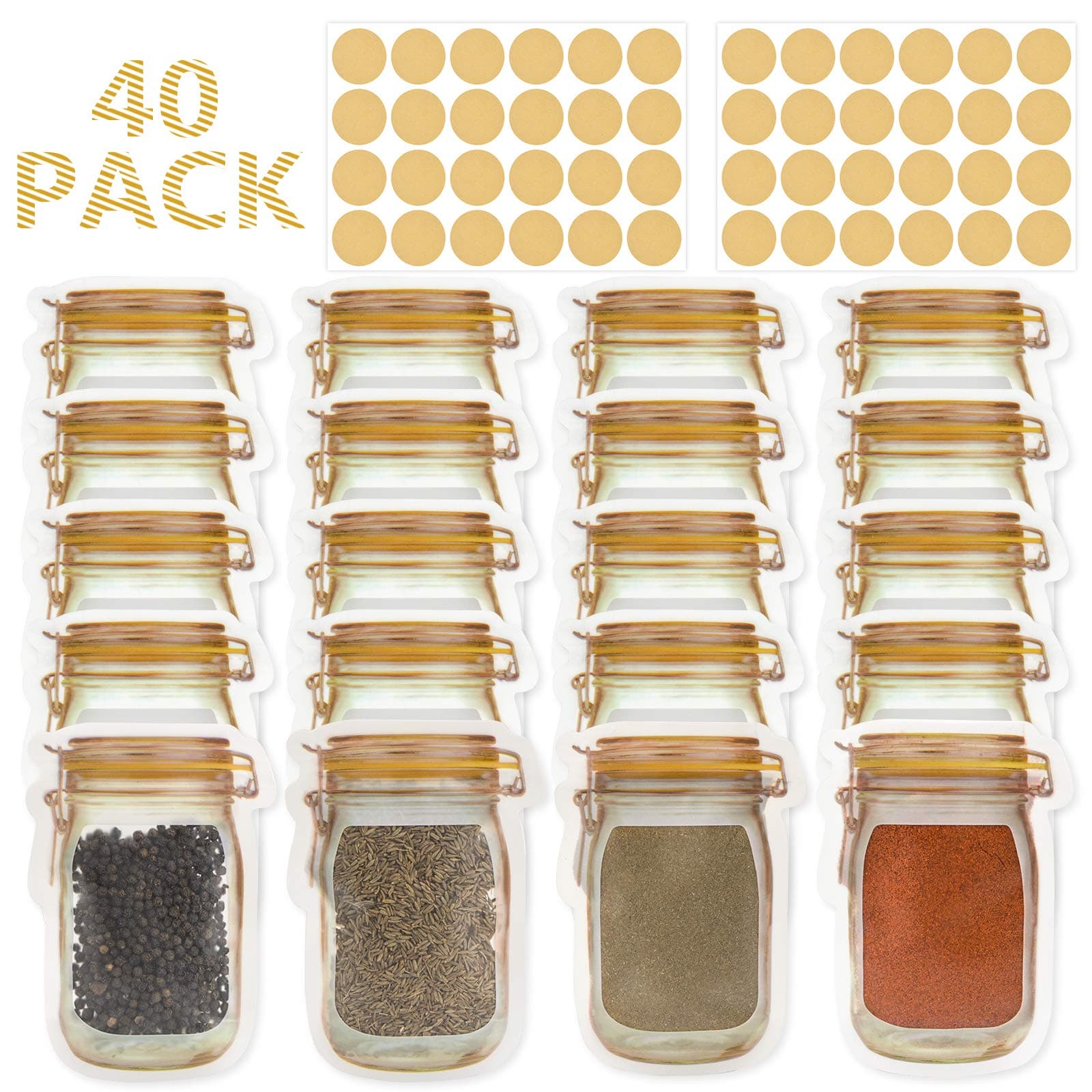 Storage Bags - 40 PCS Small Mason Jar Bags with 48 PCS Spice Labels, Leak-Proof Zip-Lock Container for Travel, Camping and Picnic