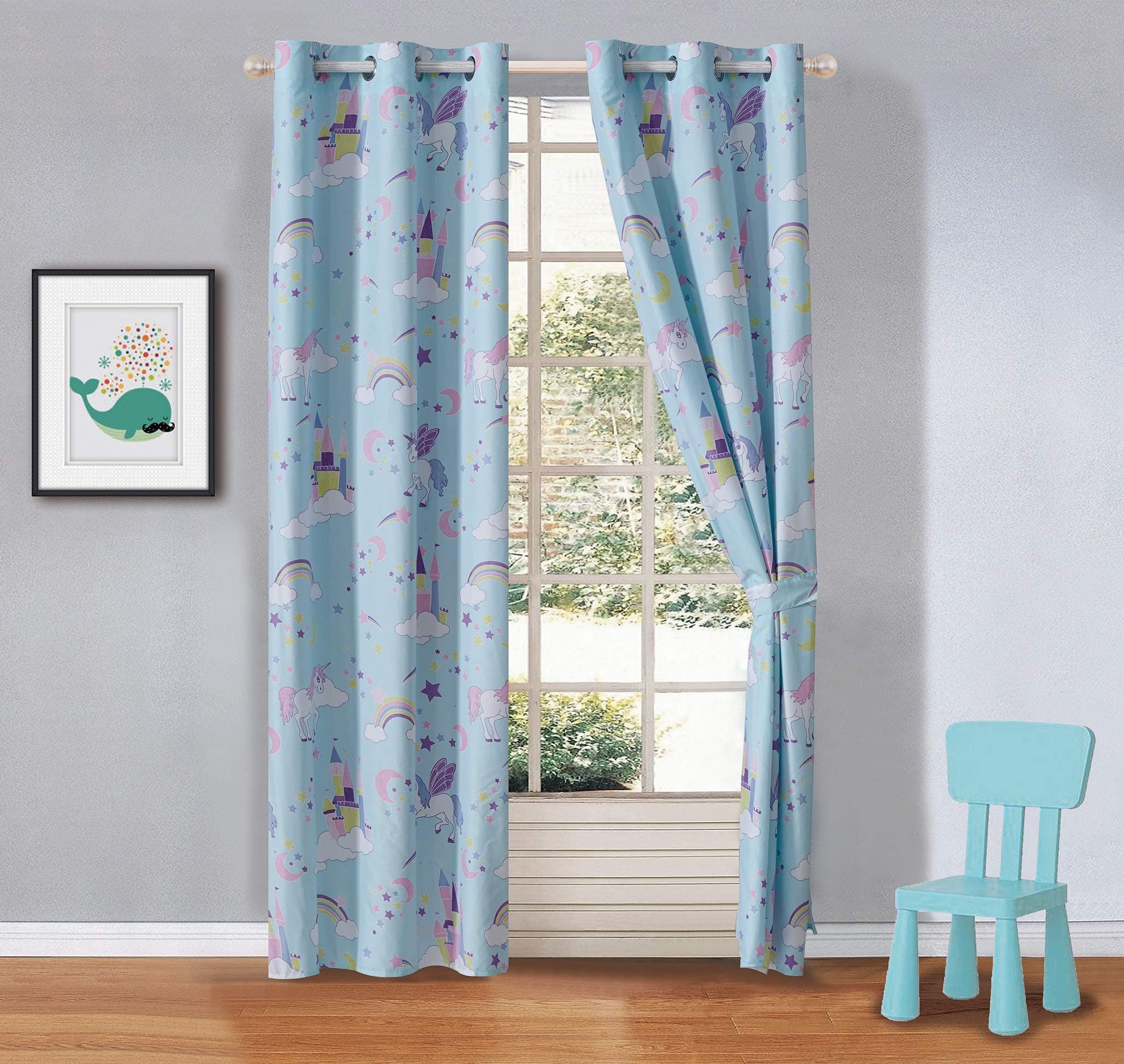 Elegant Home Multicolor Blue Unicorn Castle Design Girls / Kids Room Window Curtain Treatment Drapes 2 Piece Set with Grommets (Unicorn Blue)