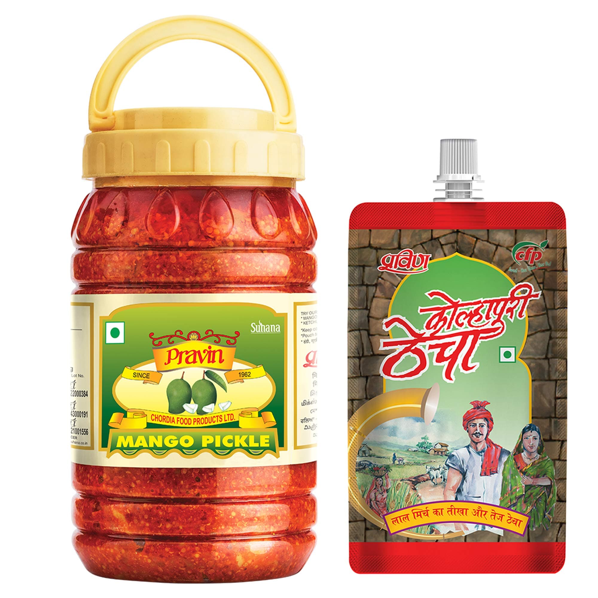 Pravin Pickles Mango 1kg Jar + Kolhapuri Thecha 100g x 4 - Combo of 5