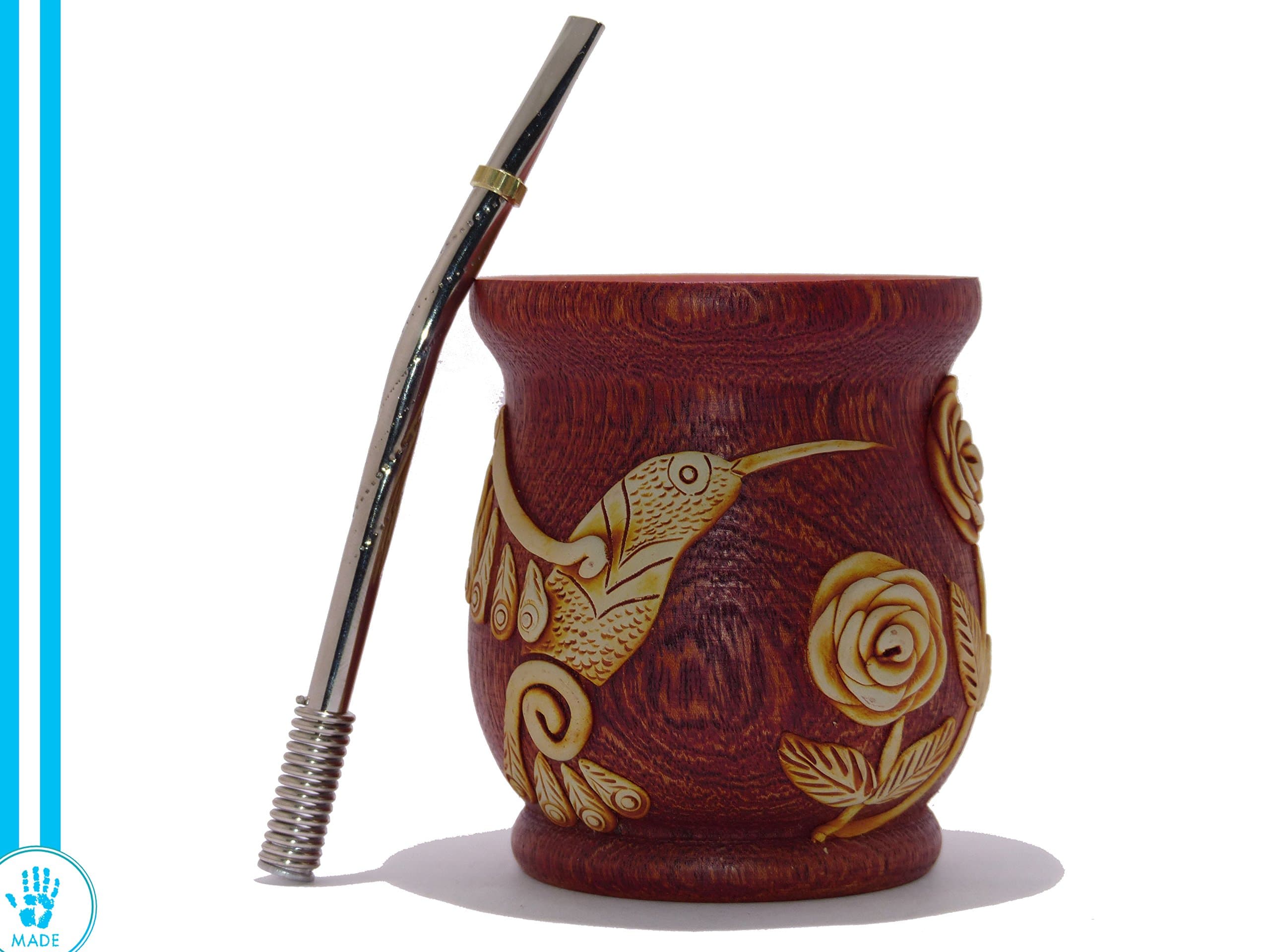 Wooden Mate Gourd Cup (Hummingbird Design) with Regular Bombilla (Straw) - From Argentina