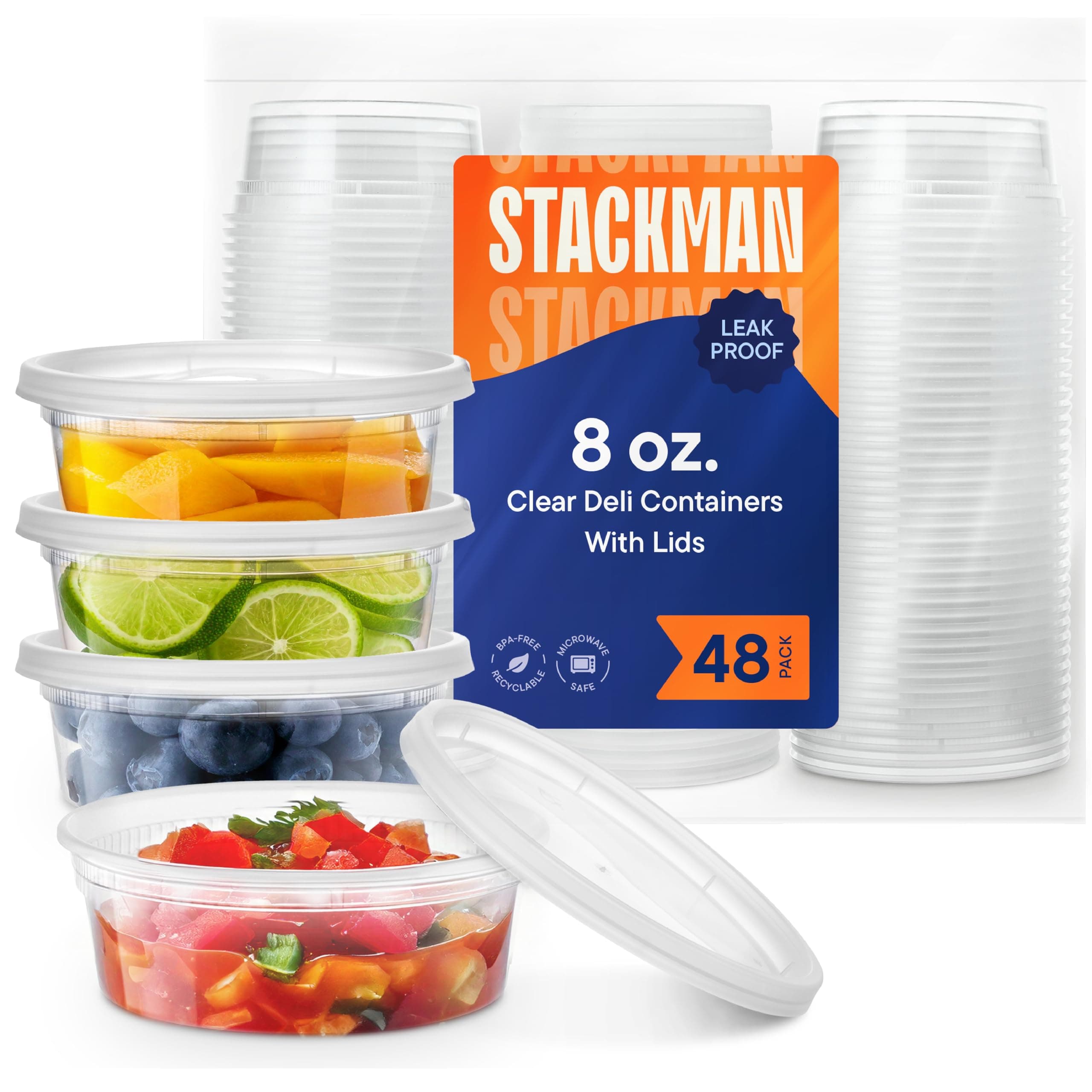 Deli Containers with Lids [48 Sets - 8 oz.] Small Plastic Soup Container - Disposable Deli Food / Slime Storage Containers with Airtight Lids for Freezer & Restaurant Takeout