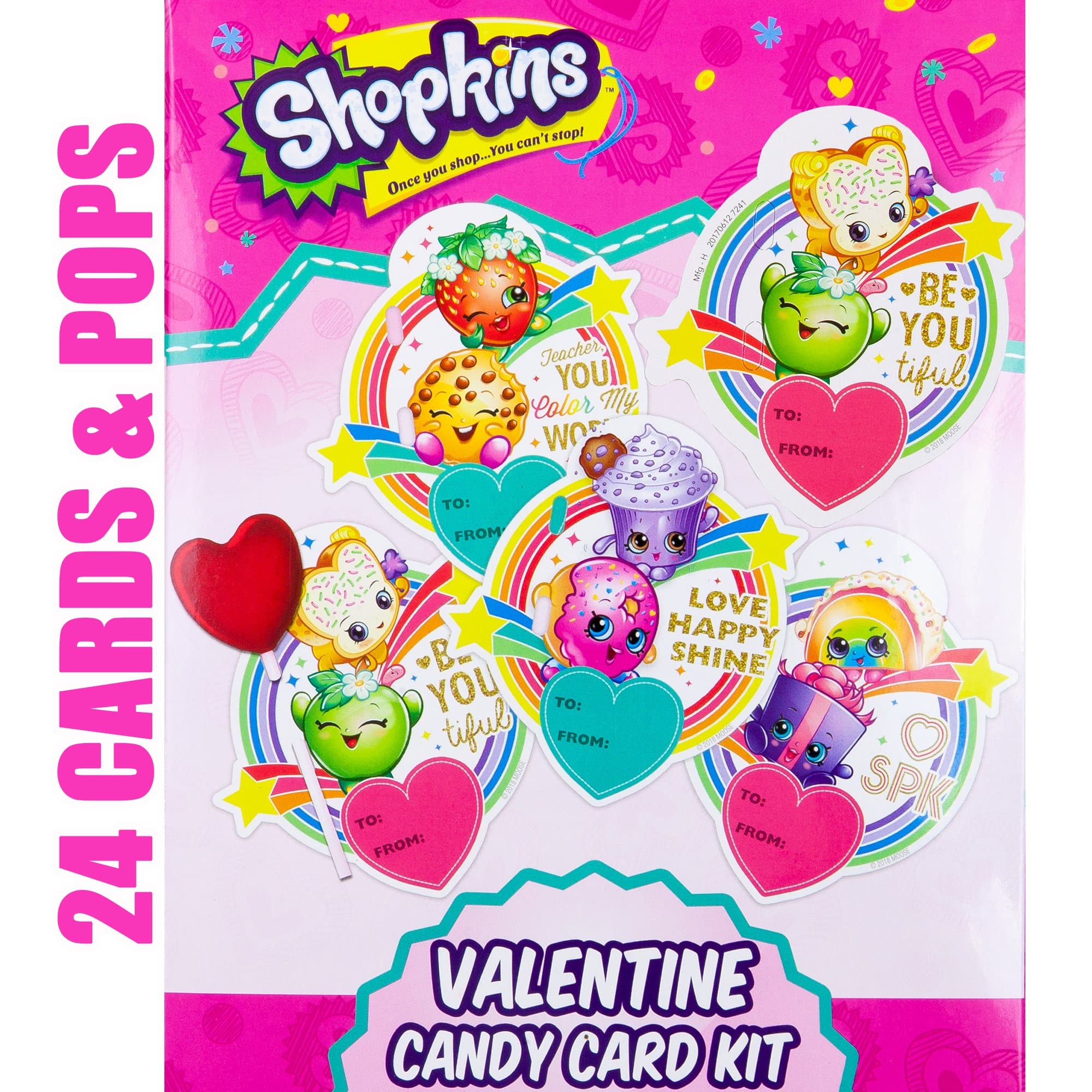 Valentines Day Classroom Exchange Gift | Shopkins 24 Valentine Cards & 24 Lollipops Flavored Candies | Teachers Card | Kids DIY DayCare Sunday School Homeschool Art Projects Parties Activities