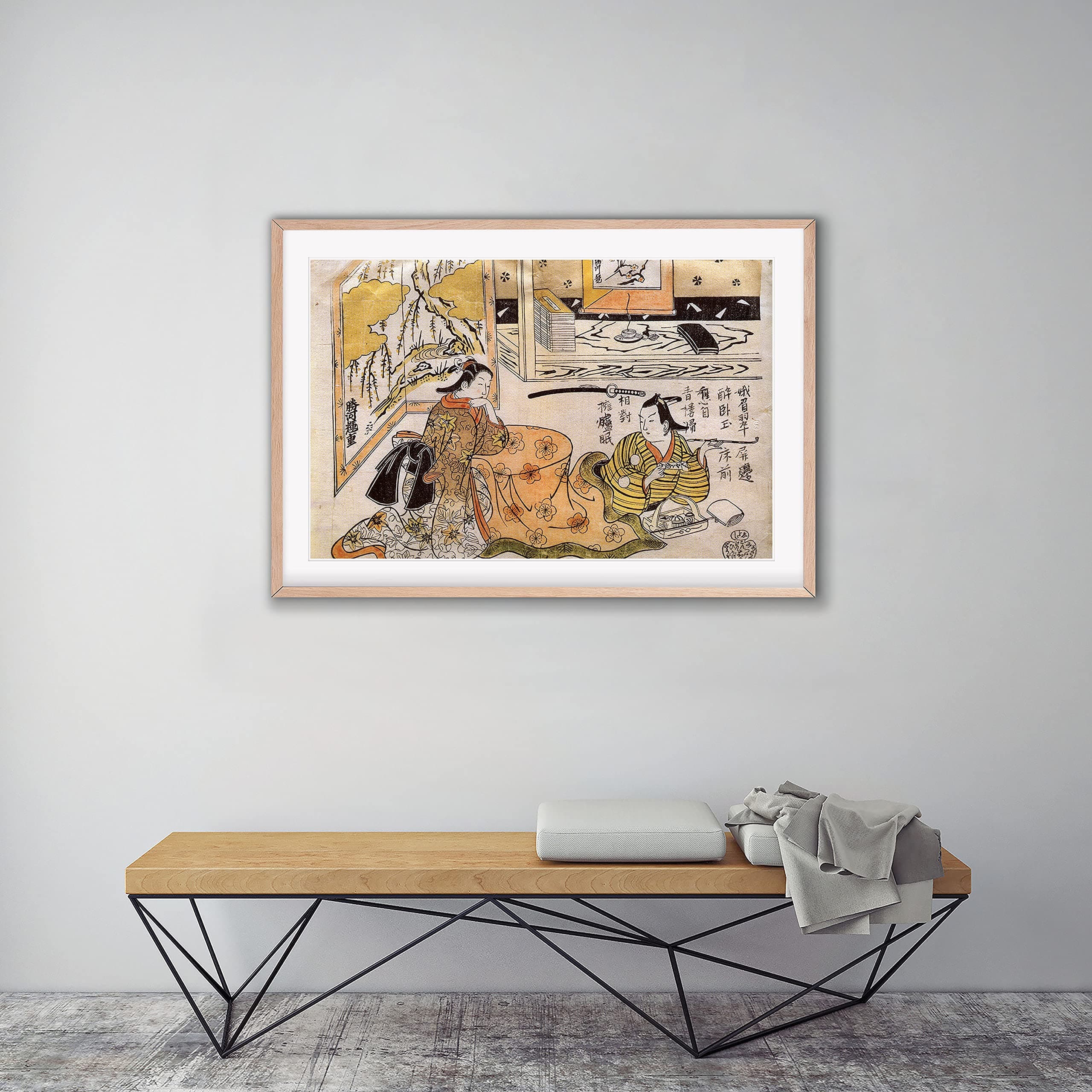 Japanese Prints Young Lovers Sitting Under a Heated futon Smoking a Pipe 1720