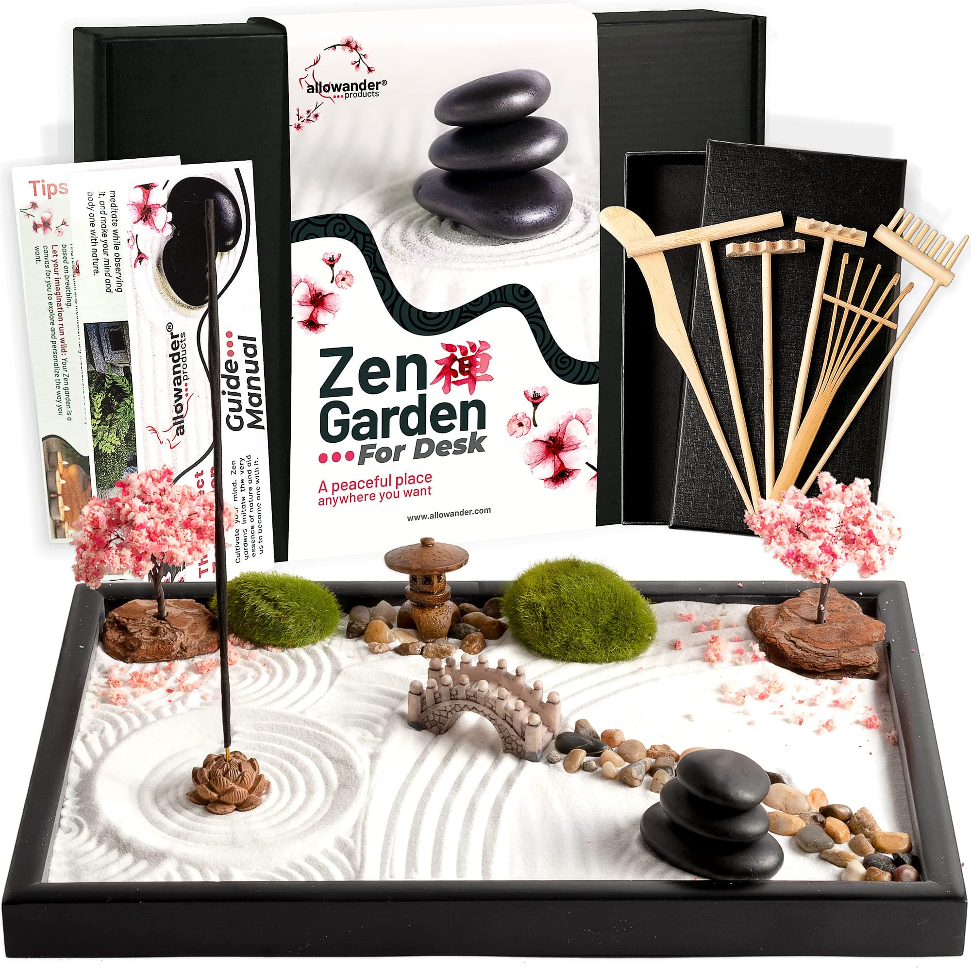 Zen Garden Kit for Desk 12x8in Sand Tray, Japanese Gift Set 14 Accessories and 6 Tools, Meditation Mini Zen Garden, Zen Sand Garden, Home Office Desk Decorations, Therapy Kit, Rock Decor