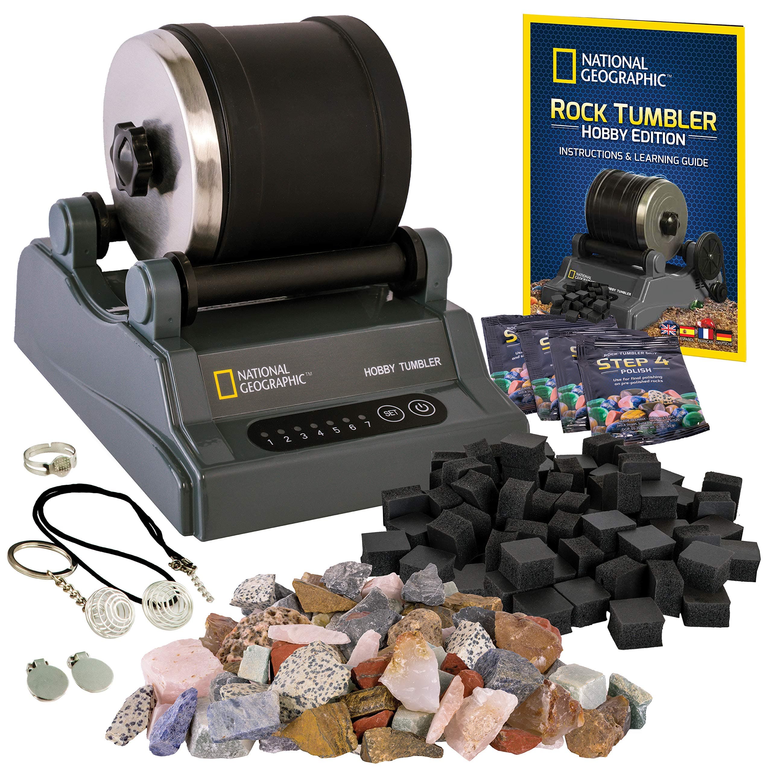 National Geographic Hobby Rock Tumbler Kit – Durable Leak-Proof Rock Polisher with 7-Day Timer, Complete Rock Tumbling Kit with Grit, Jewelry Settings & GemFoam Polish, Educational STEM Science Kit