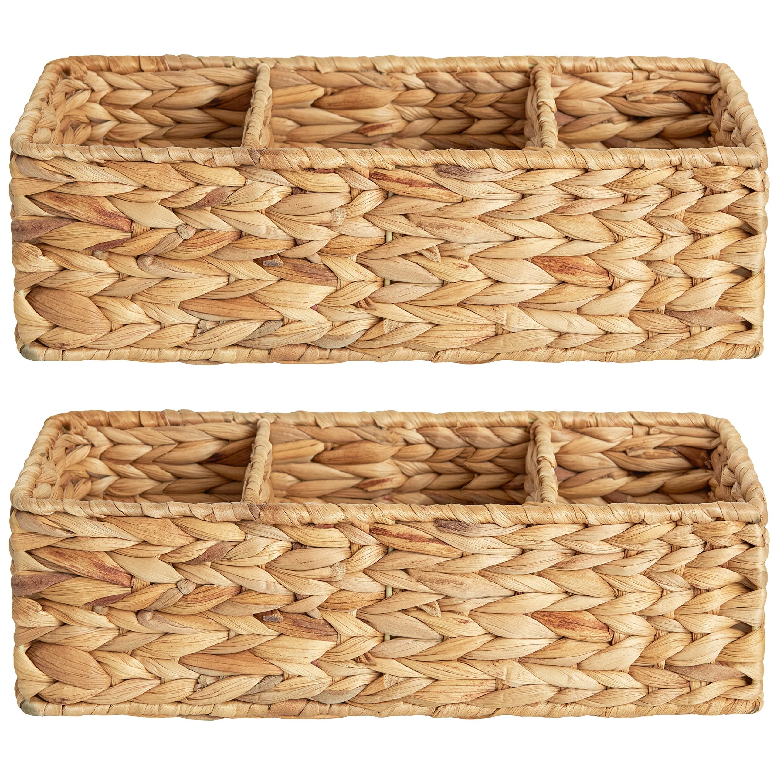 Wicker Basket Tank Topper, Wicker Storage Basket for Shelves, Toilet Paper Basket for Back of Toilet Tank Top, 3-Section Water Hyacinth Storage Baskets, 2-Pack