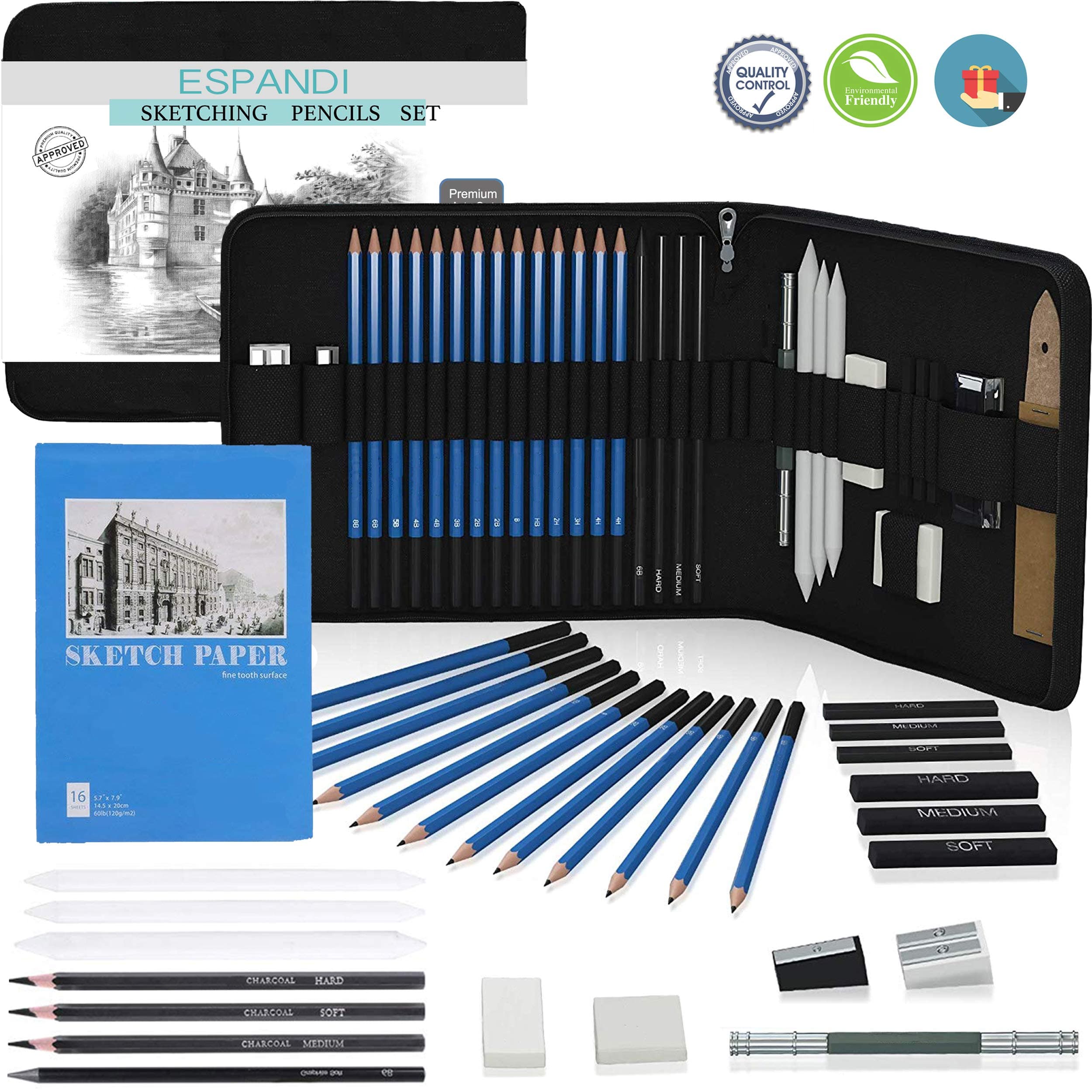 Iespandi Charcoal Drawing and Sketching Pencil Set for Beginners & Professionals; H&B Graphite Shading Wood Pencils; Art Supplies Kit for Artists; Tools and Sketch Pad for Adult, Teens and Kids