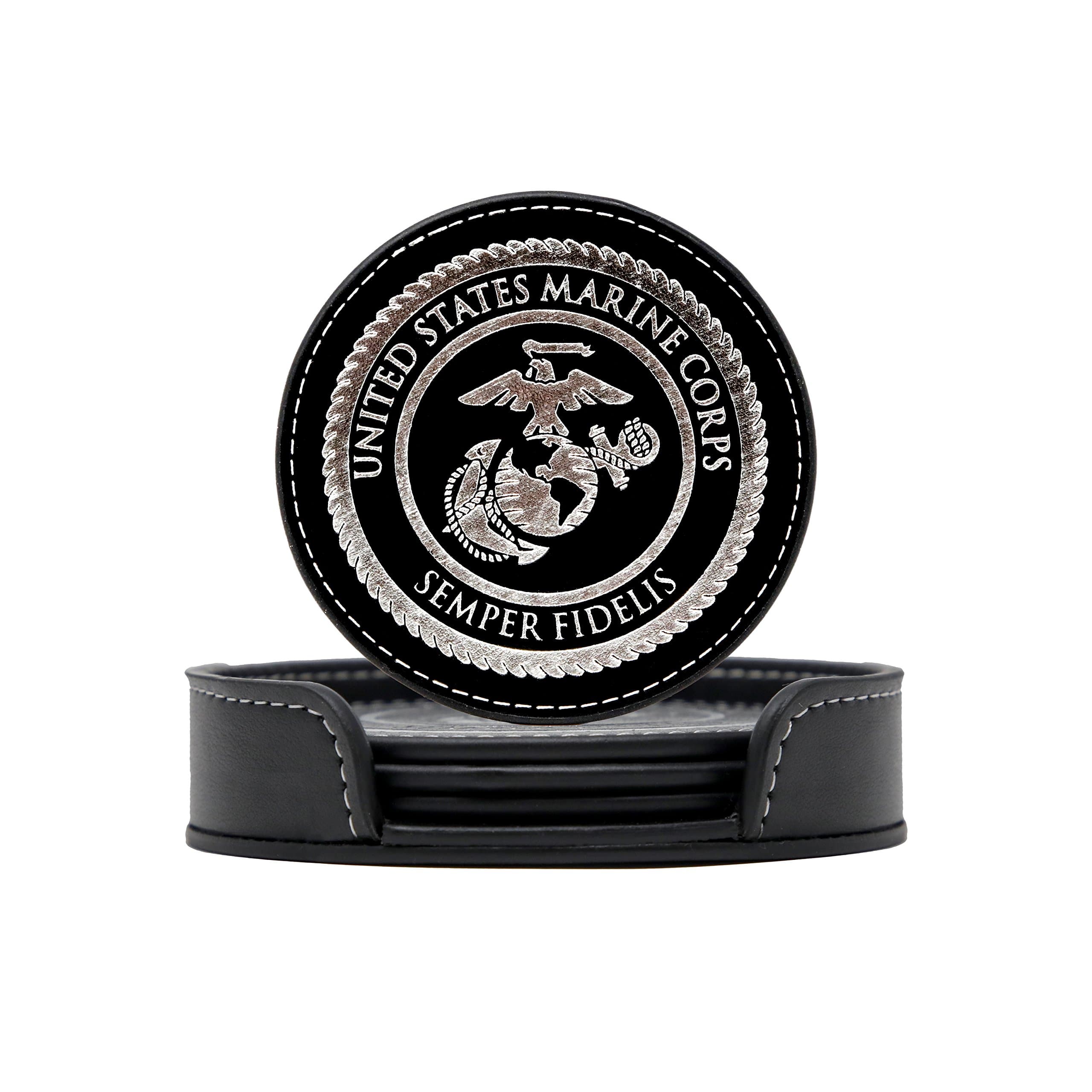 Military Gift ShopUSMC Leather Coaster Set - 4 Premium Coasters with Hot Stamped Foil US Marines EGA Logo - Marine Corps | Disabled USMC Vet Owned Small Business