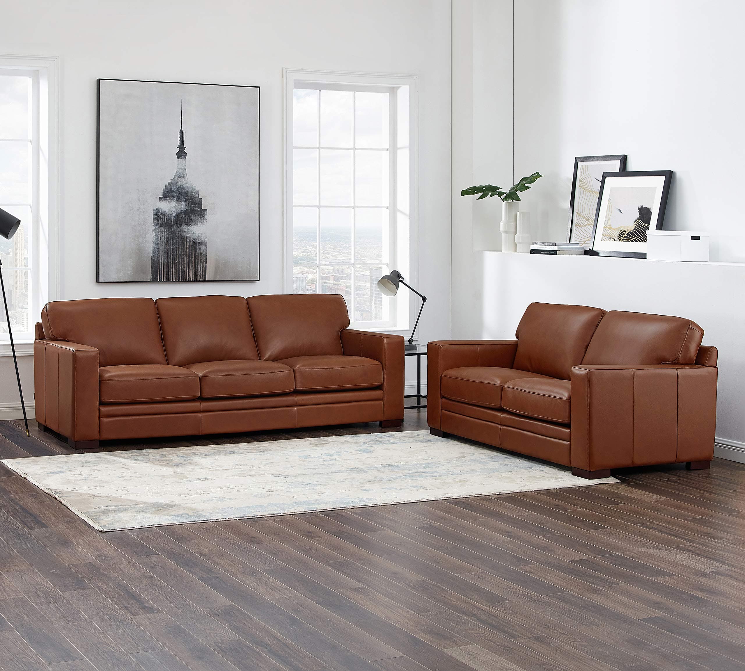 Hydeline Dillon 100% Leather Sofa and Loveseat Set, Cinnamon Brown