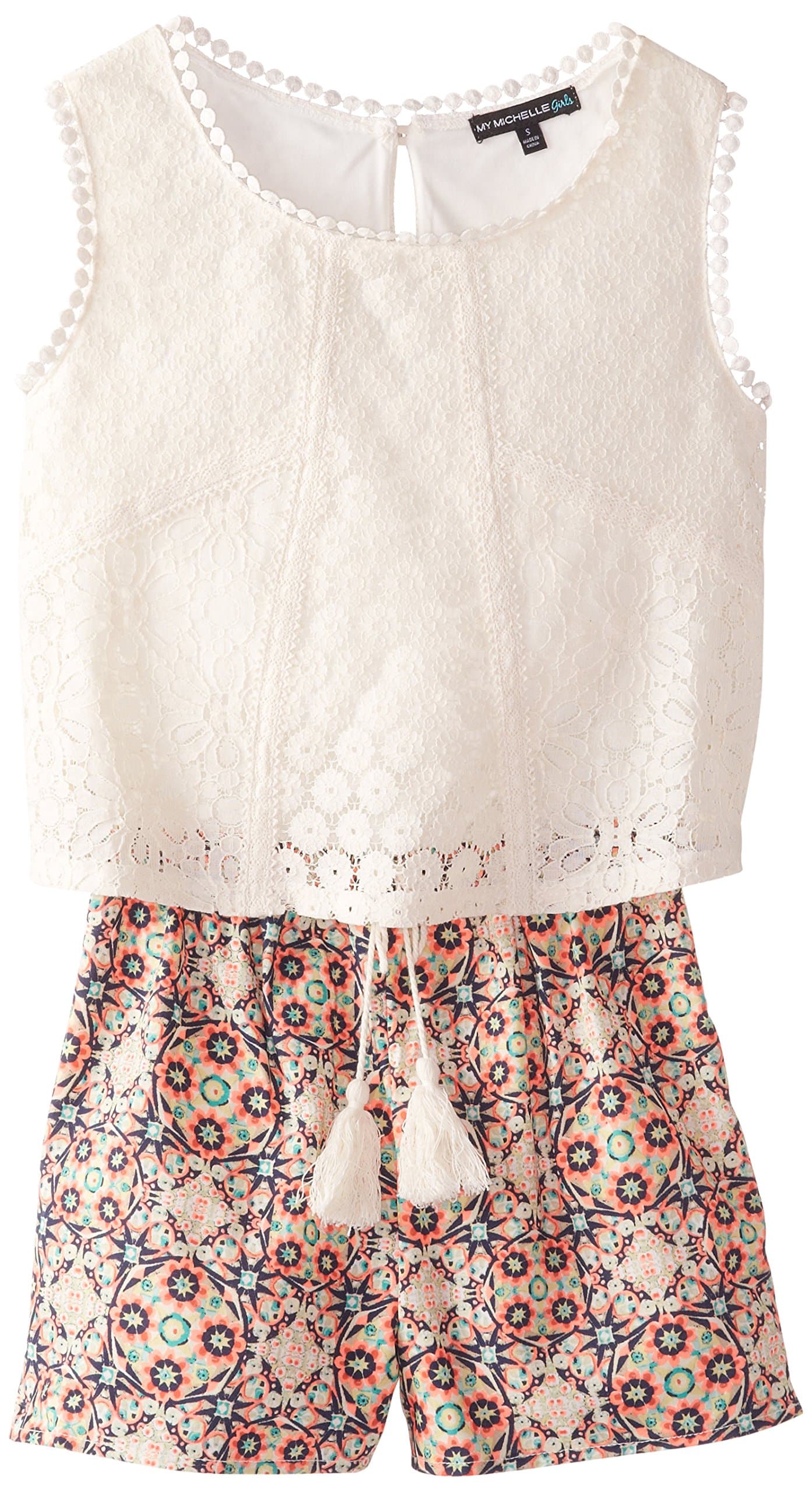 My Michelle Big Girls' Romper with Lace Popover and Printed Shorts