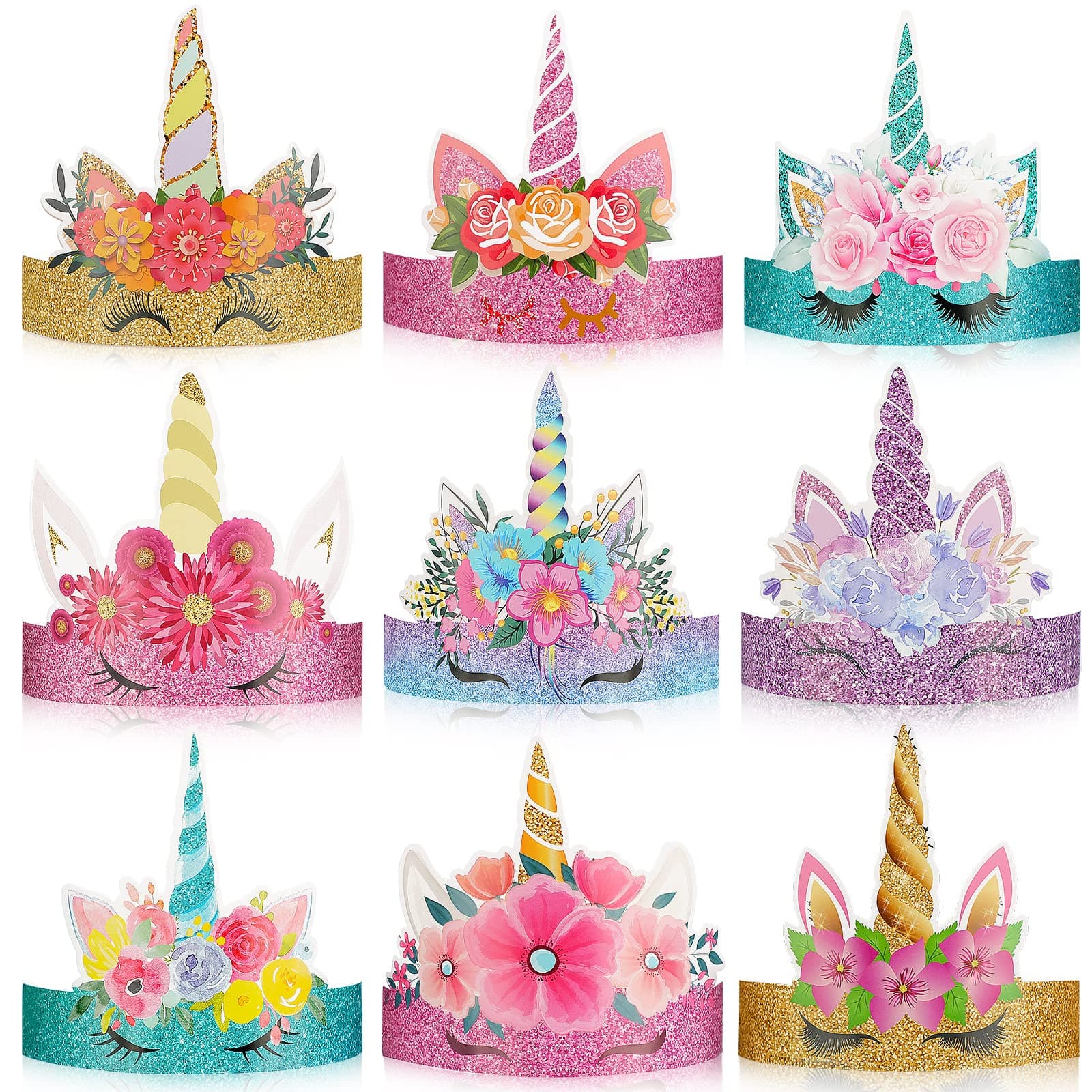 24 Pcs Unicorn Birthday Party Hats Paper Party Crown Unicorn Headbands for Boys Girls, Princess Dress up Theme Decorations Birthday Favors Supplies Headbands