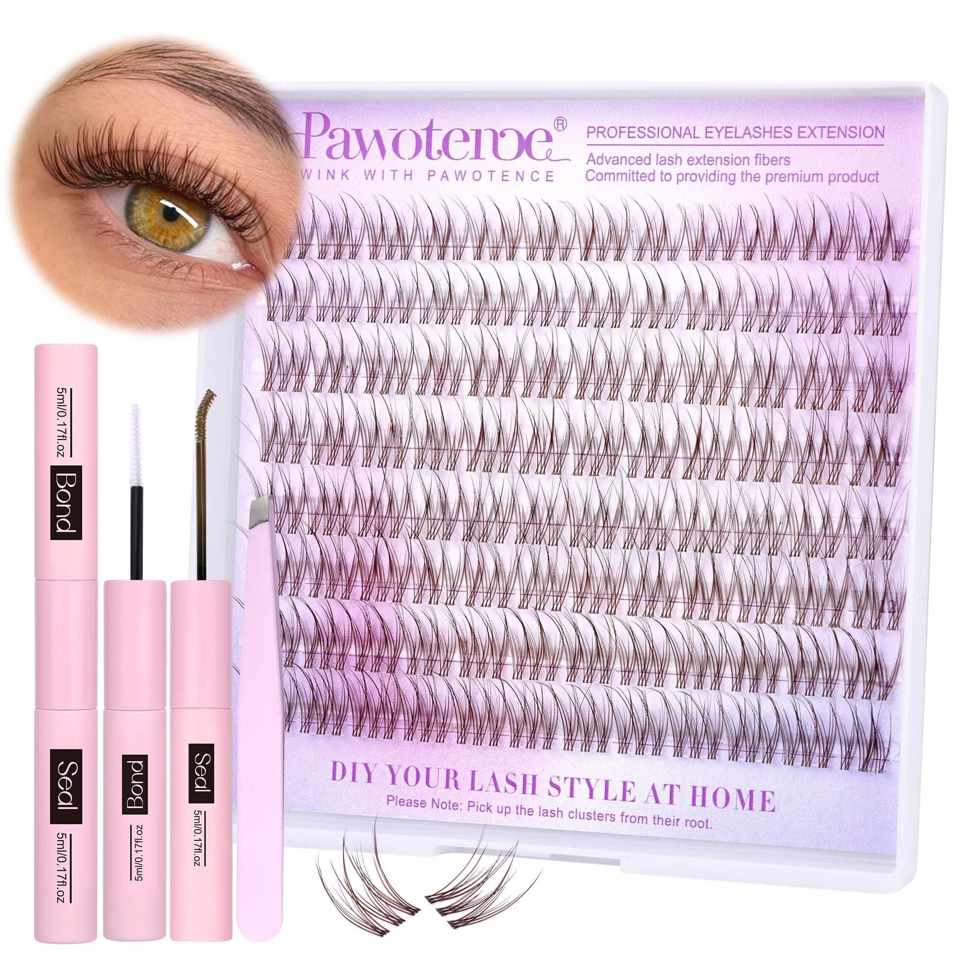Pawotence Brown Lash Extension Kit Lash Clusters Wispy clear Band 10-12mm Individual Lashes Natural Brown Clusters Eyelash Extension Kit with Lash Bond and Seal, Lash Applicator for Self Use