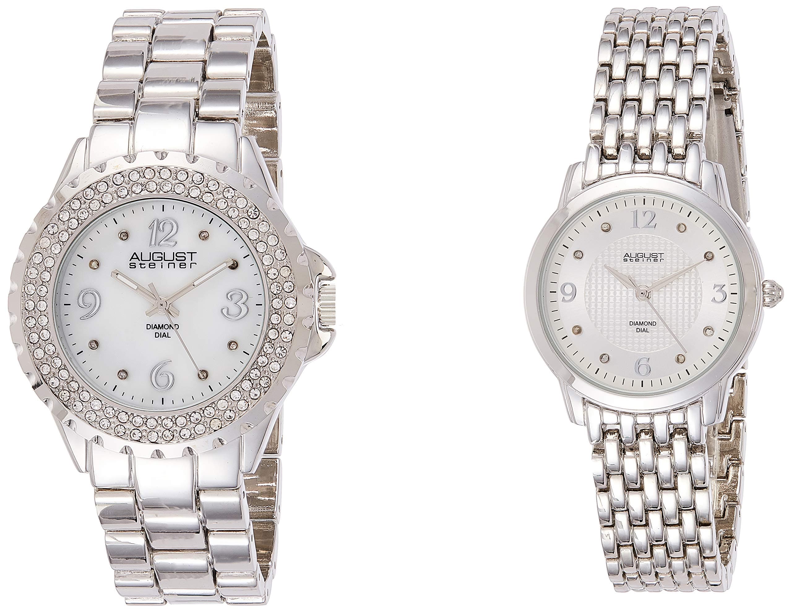 August Steiner Women's Silver Tone Watch Set - Textured and white Mother of Pearl Diamond Dial with Crystal Bezel and Big Number Hour Markers - AS8171