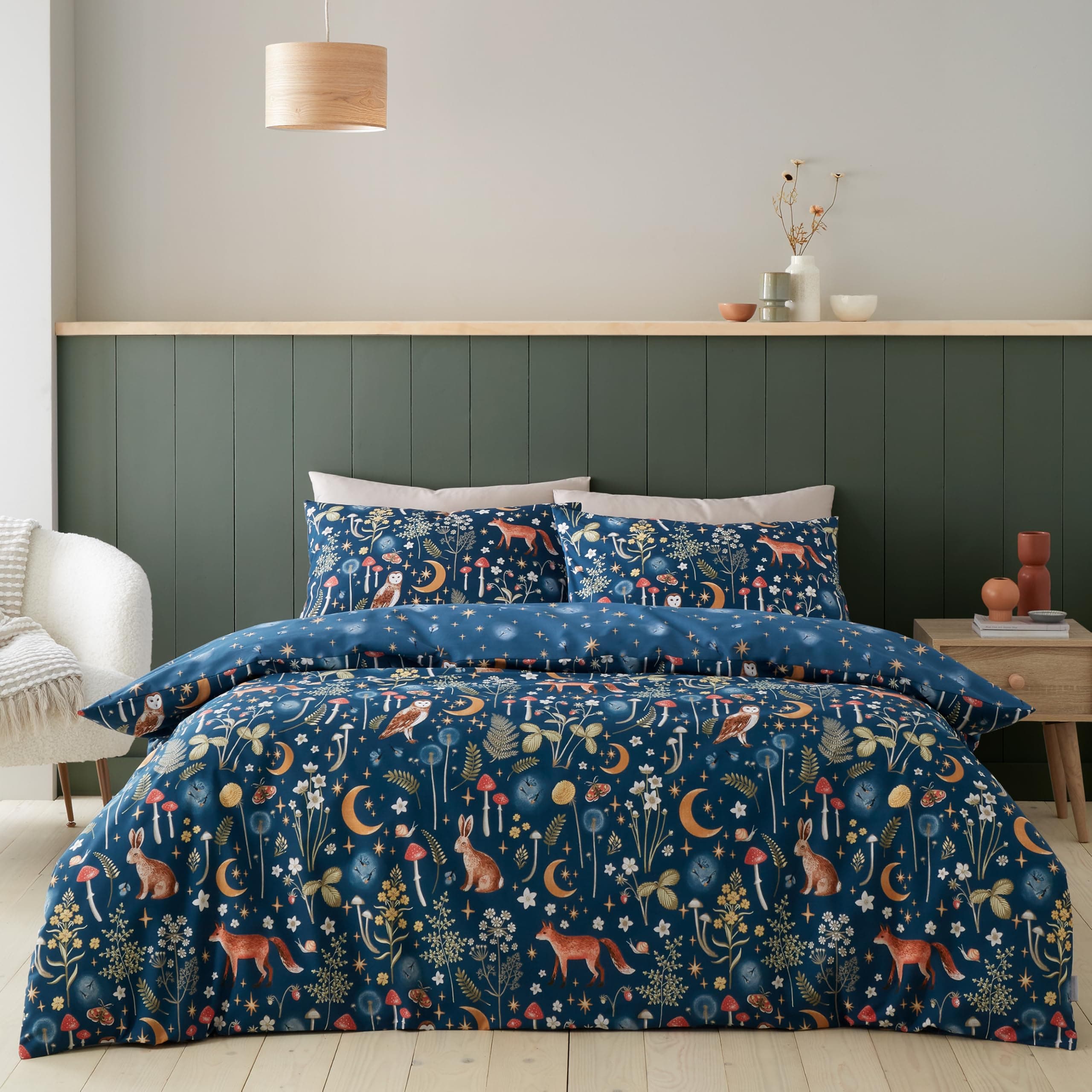 Catherine Lansfield Enchanted Twilight Animals Reversible King Duvet Cover Set with Pillowcases Navy Blue