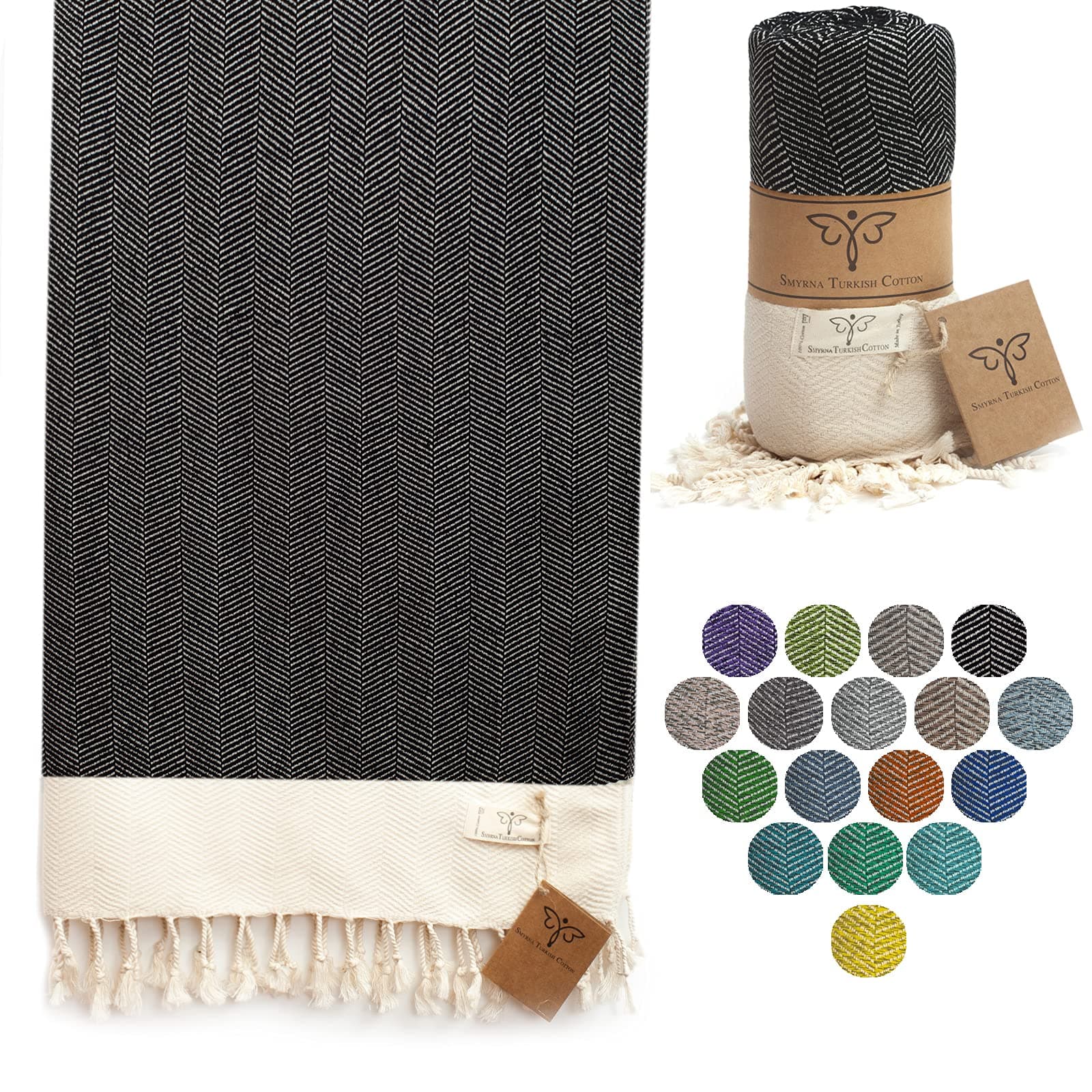 SMYRNA TURKISH COTTONHerringbone Series Beach Towel|180 x 90cm 100% Cotton|Extra Large Wearable Turkish Beach Towel|Made in Turkey|No Shrink|Premium Luxury Striped Linen - Black