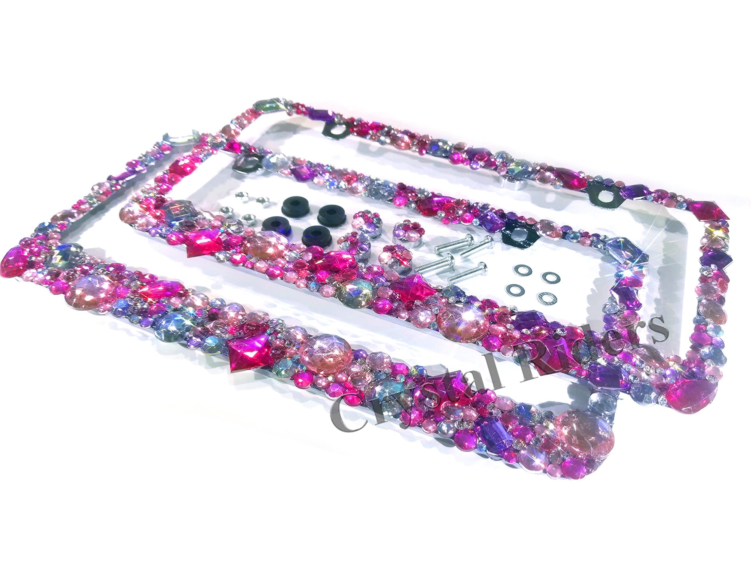 CRYSTAL RIDERS Pair of 2 Bling License Plate Frame with Anti-Theft Screw CAPS Pink Crystals Ab Iridescent Clear Metal Chrome Zink Alloy Holder Sparkly Sparkle Custom Hand Made Hand Crafted 2 Set