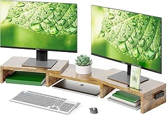 BONTECDual Monitor Stand Riser with Smartphone Holder, Adjustable Length & Swivel Angle, Ergonomic Wooden Desktop Organizer for PC Monitor, Laptop, Printer, Large Storage, White