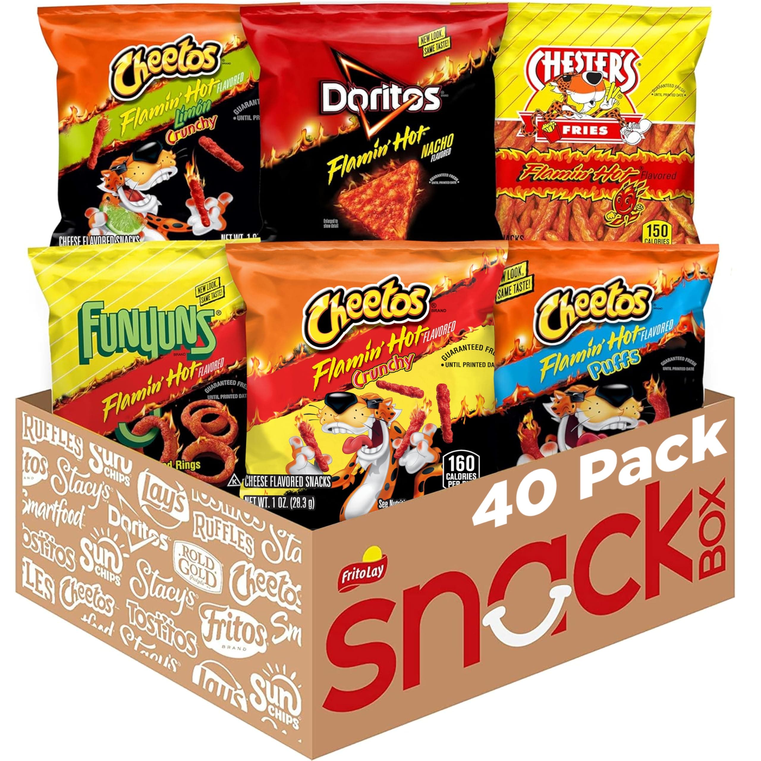 Frito Lay Flamin' Hot Mix, 6 Flavor Single Serve Cheetos, Doritos, Chester's, & Funyuns Variety Pack, (40 Pack)