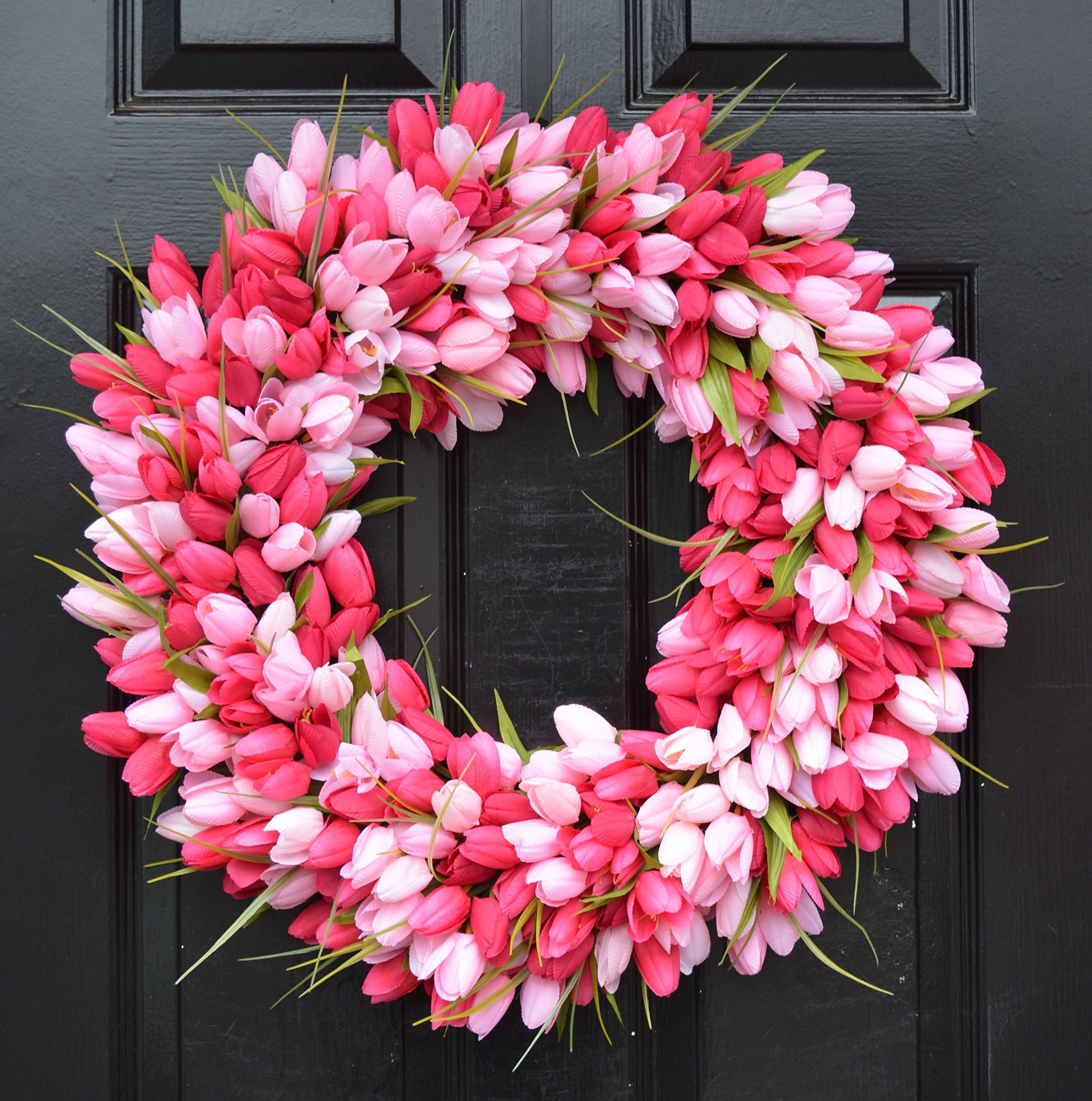 Elegant Holidays Thin Handmade Silk Tulip Wreath w Monogram- Decorative Home Décor Indoor Outdoor Storm Door- Welcome with Front Door Spring Wreaths- Great Easter/Valentine's Holiday Accent 16-24 in