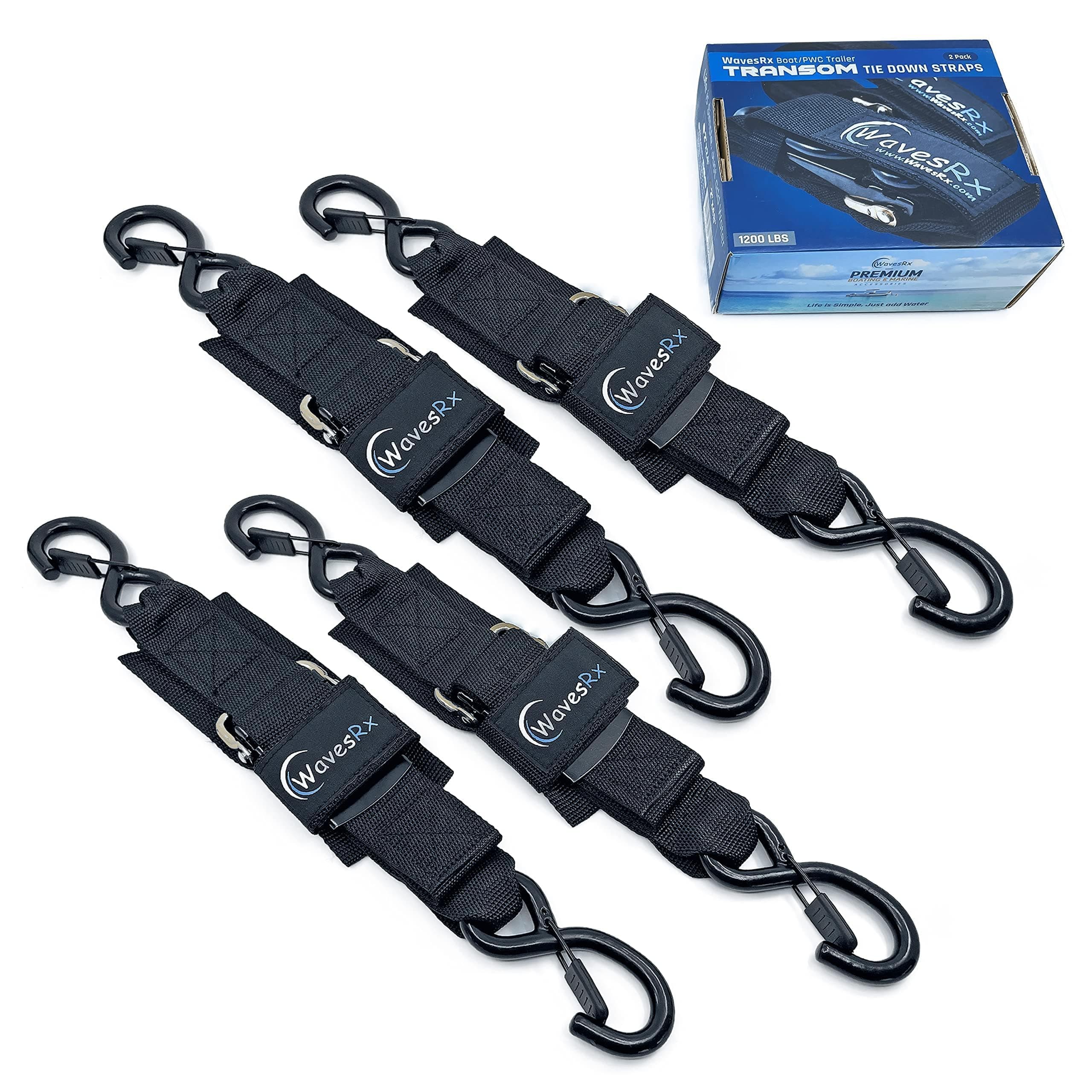 WavesRx Marine Boat Trailer Transom Tie-Downs | 1200 LBS Capacity Adjustable Safety Straps to Securely Transport Boats, Jet Skis and PWC | Select Size (24" or 48") and Quantity (2PK or 4PK) Below